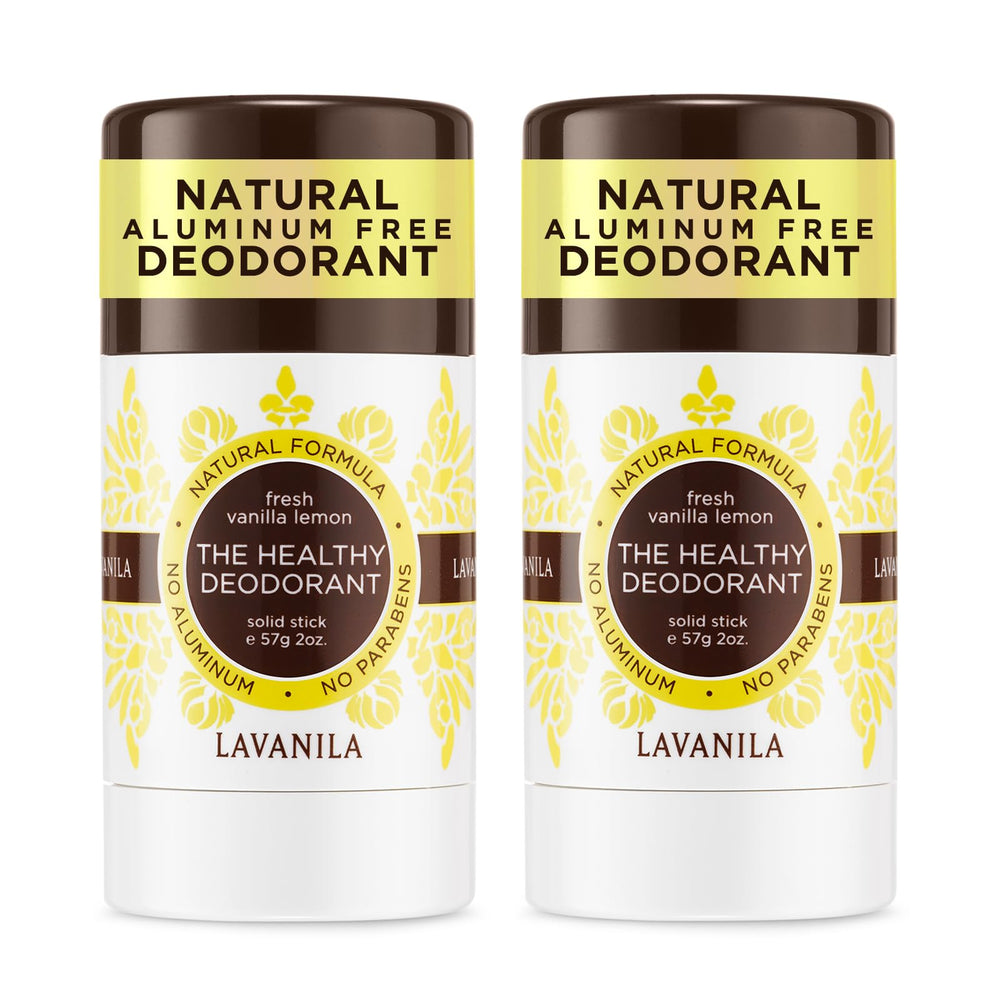 Lavanila Vanilla Lemon Deodorant bottle shows aluminum-free protection for long-lasting freshness.