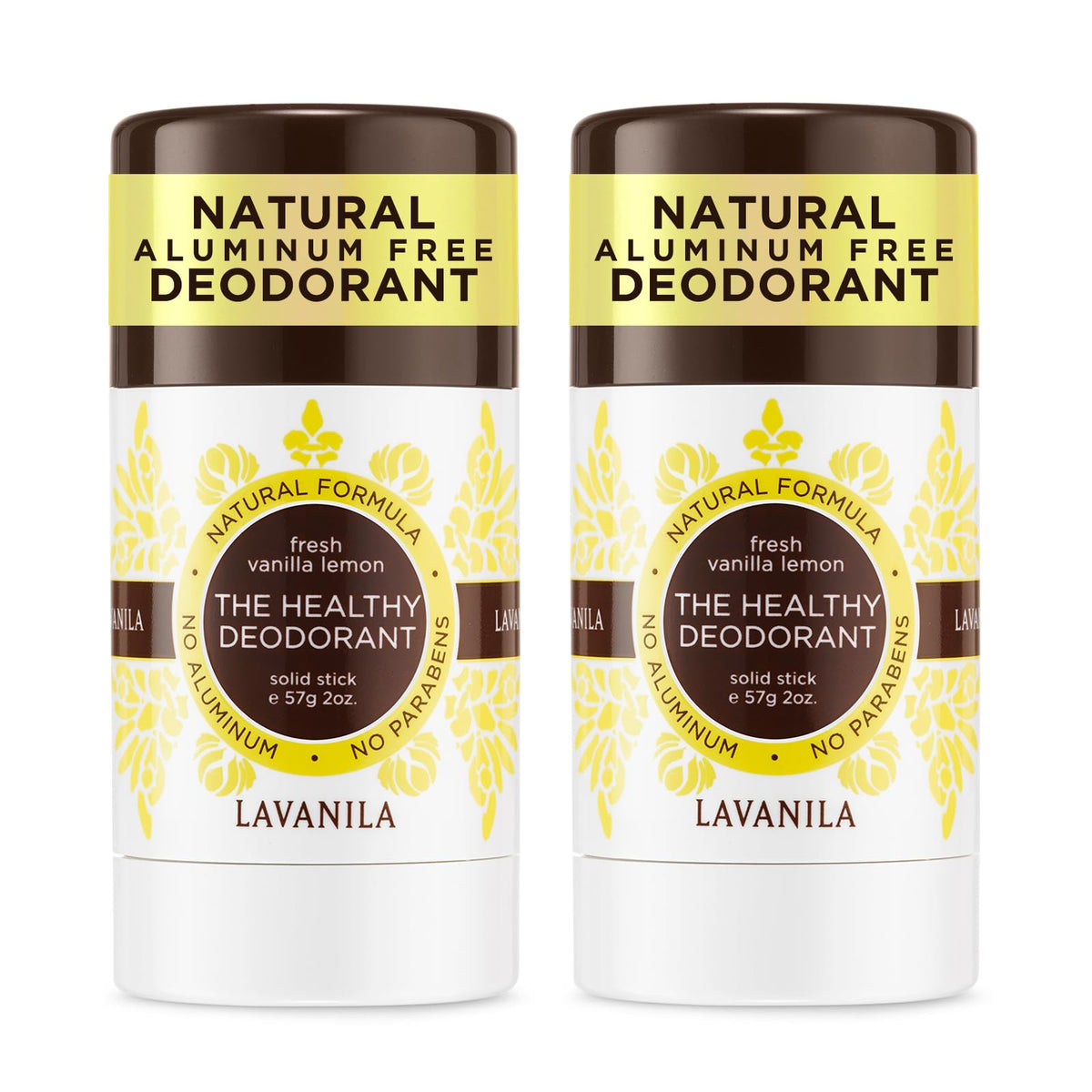 Lavanila Vanilla Lemon Deodorant bottle shows aluminum-free protection for long-lasting freshness.