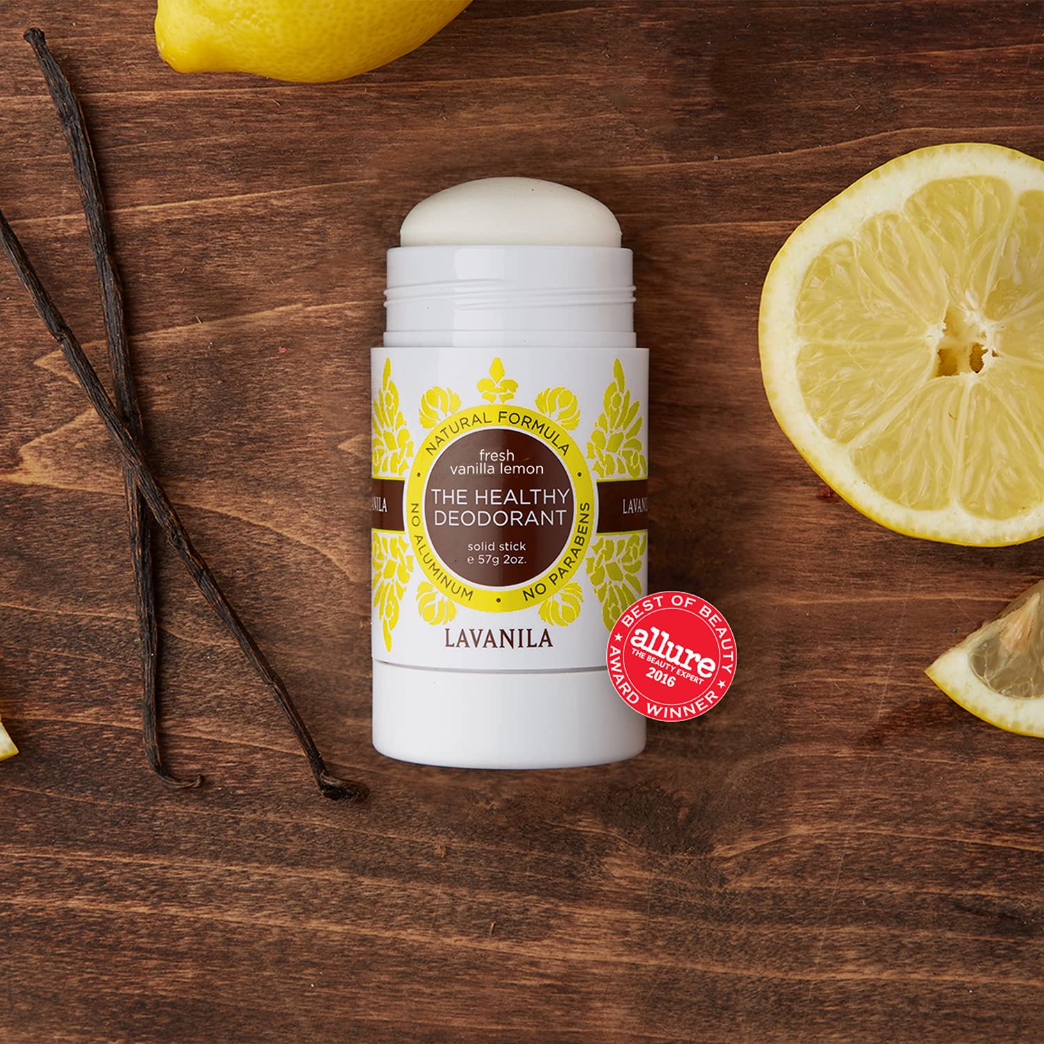 Lavanila Vanilla Lemon deodorant ingredients list featuring plant-based oils and beta glucan.