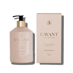 L'AVANT Collective Blushed Bergamot bottle on vanity for daily pampering and a fresh citrus aroma.