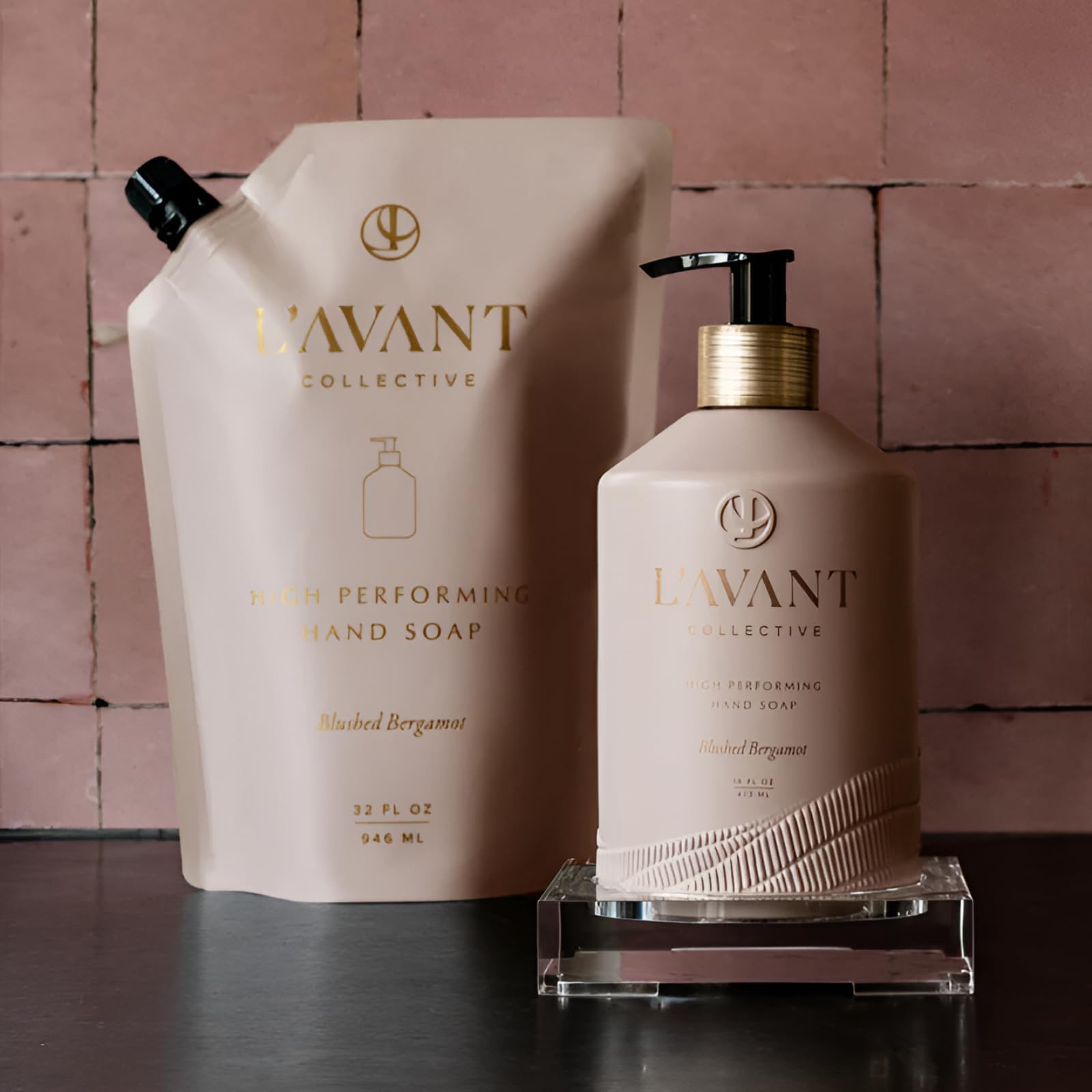 L'AVANT Collective bottle on sink adds a spa-like focal point.