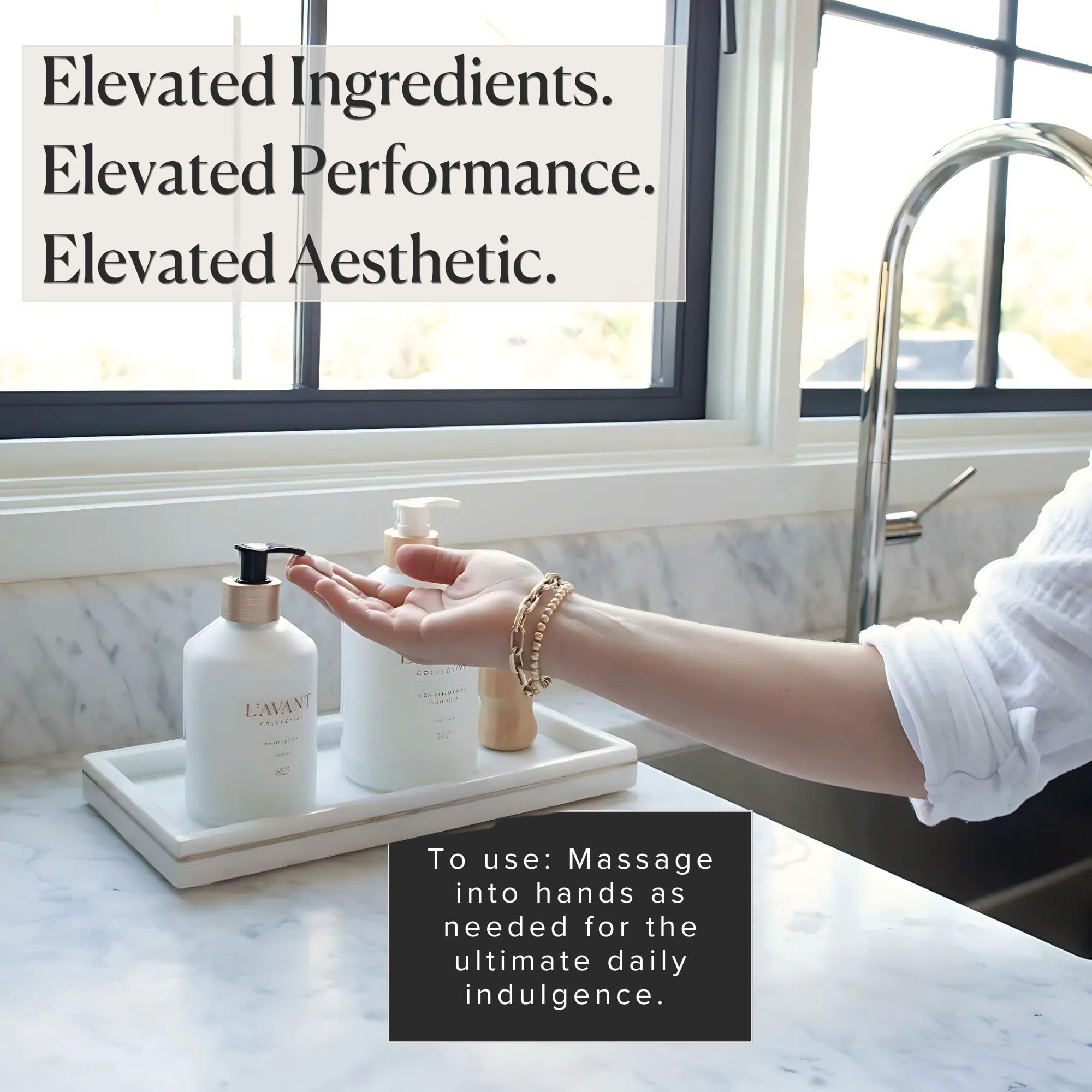 Daily-use orientation for L'AVANT Luxury Hand Lotion to keep hands hydrated.