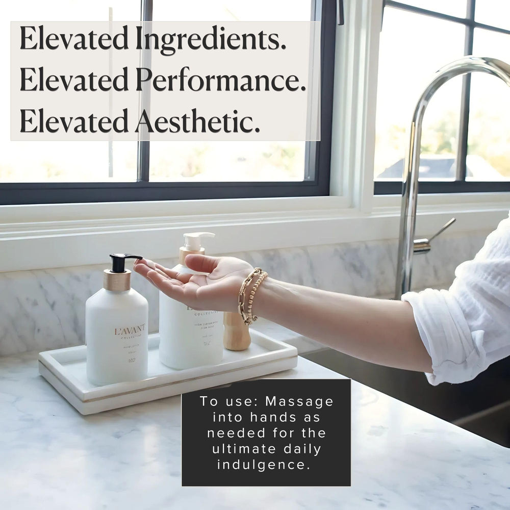 Daily-use orientation for L'AVANT Luxury Hand Lotion to keep hands hydrated.