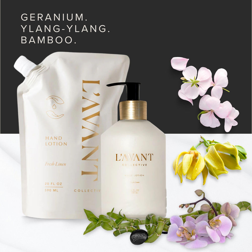 Convenient pump dispenser of L'AVANT Luxury Hand Lotion for easy use.