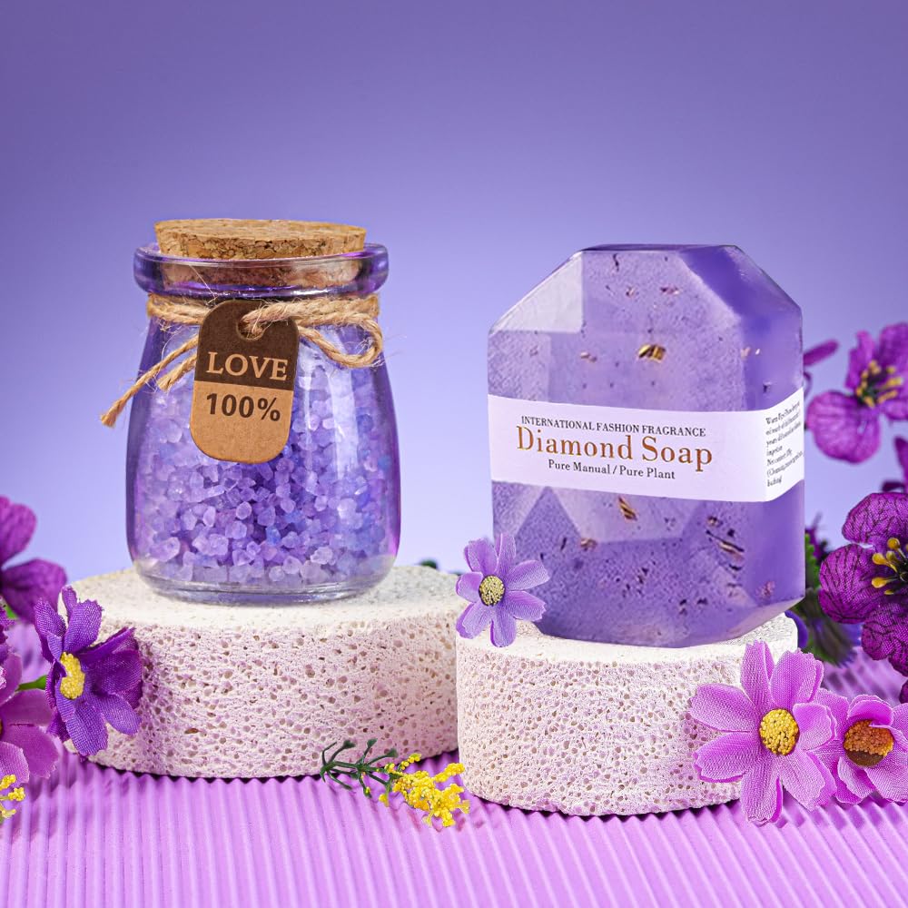 Luxurious lavender bath salt soothes tired muscles and skin.