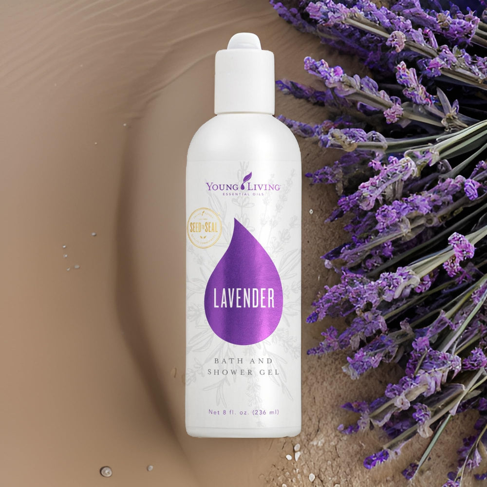 Young Living Lavender Gel in use in shower for a calming routine.