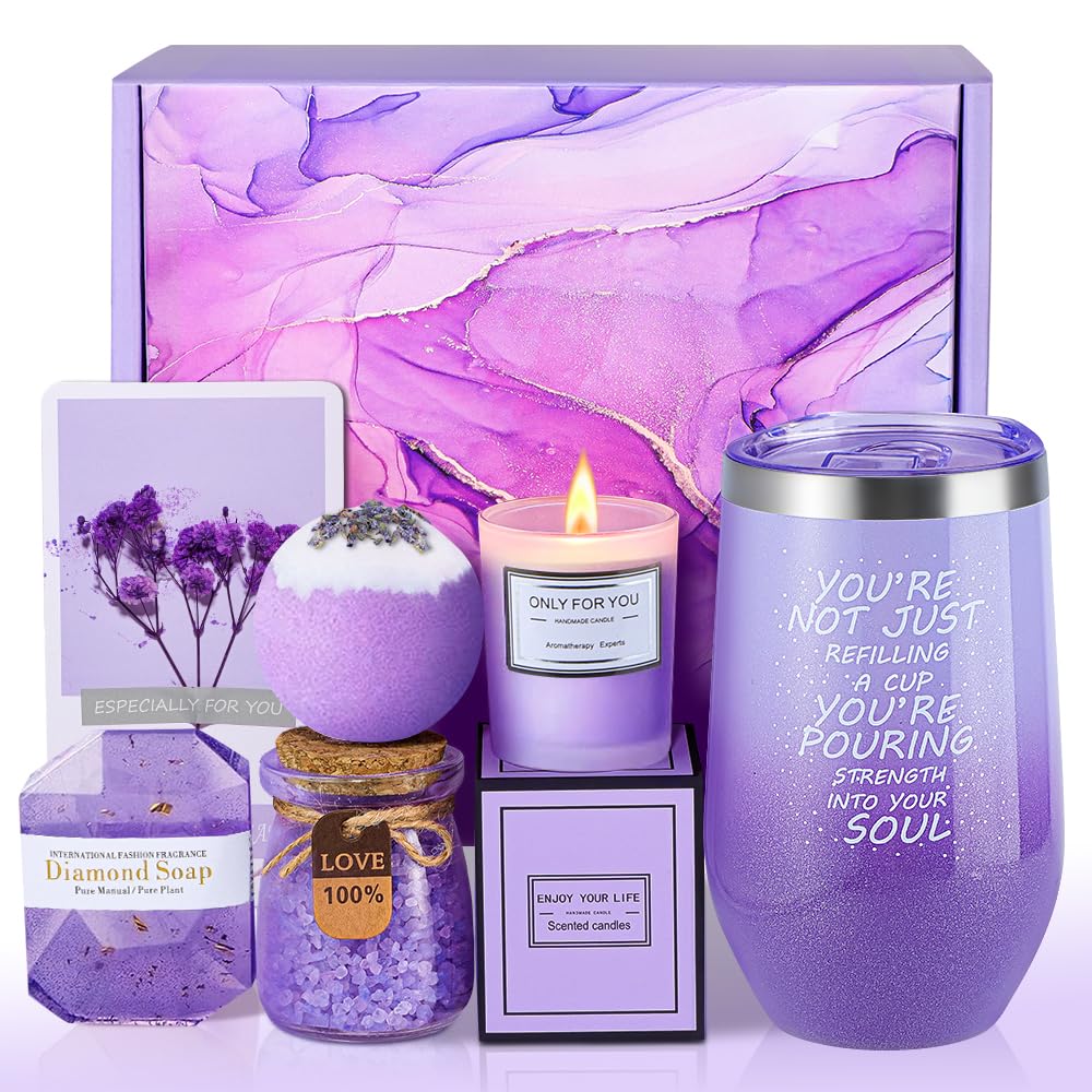 Lavender spa candle creates a calming mood for evenings.