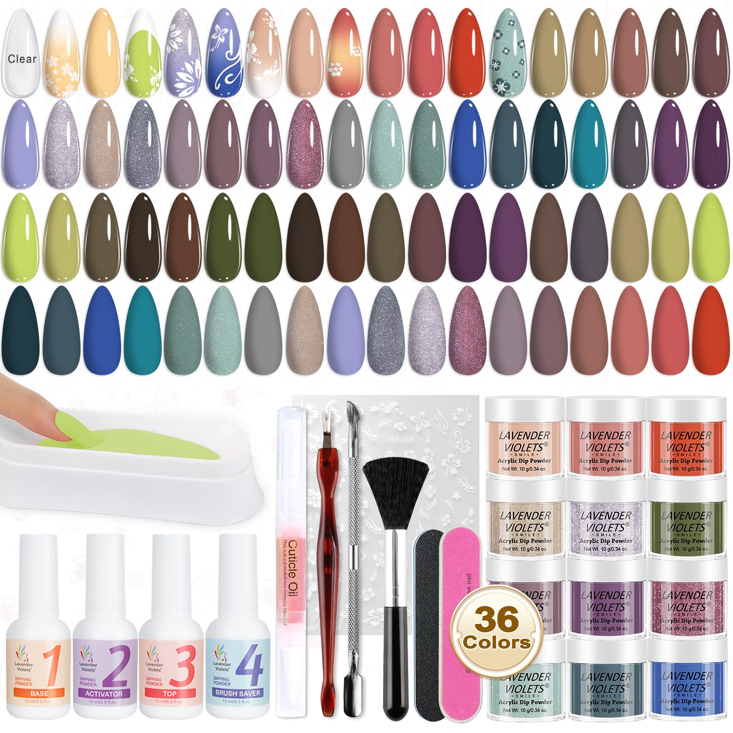 Lavender Violets 36-color dip powder palette for endless nail art possibilities.