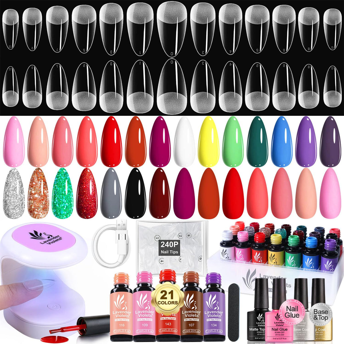 Lavender Violets gel nail kit with UV lamp for at-home manicures.