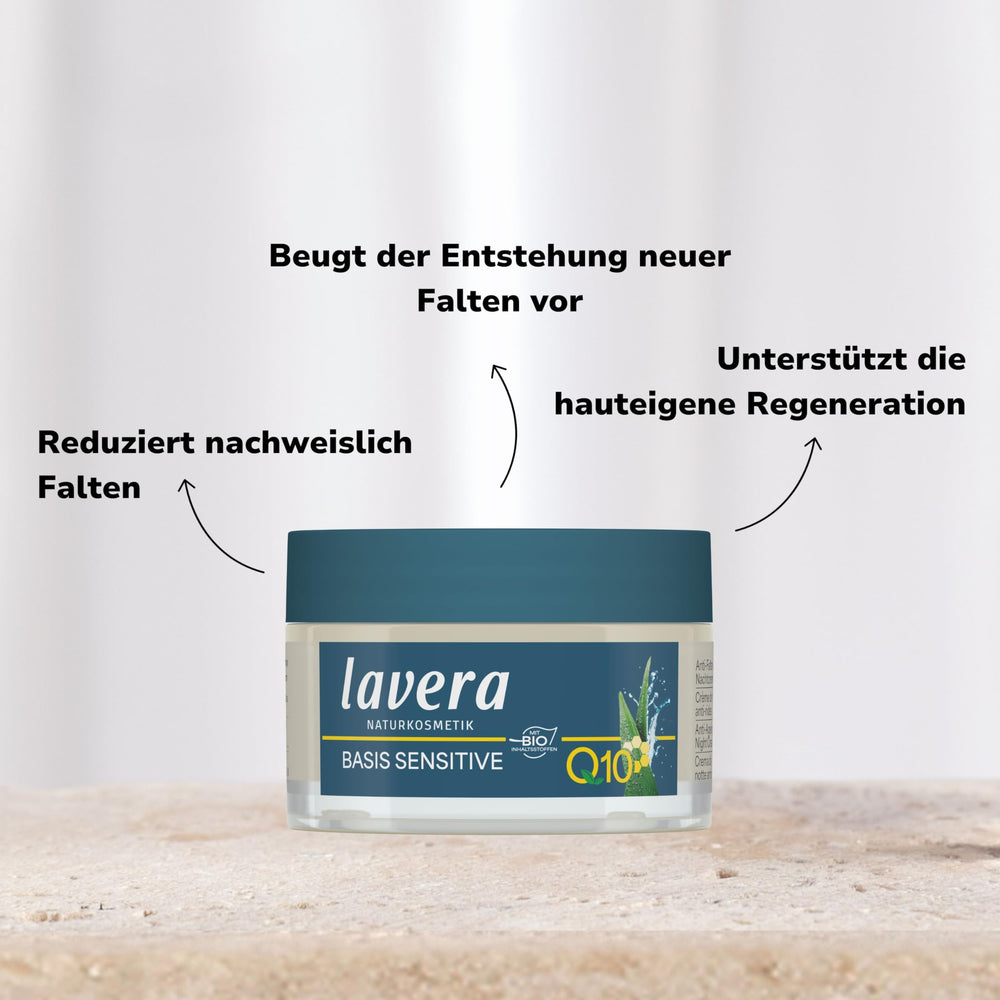 Lavera anti-aging night cream on skincare routine display in a bathroom setting.