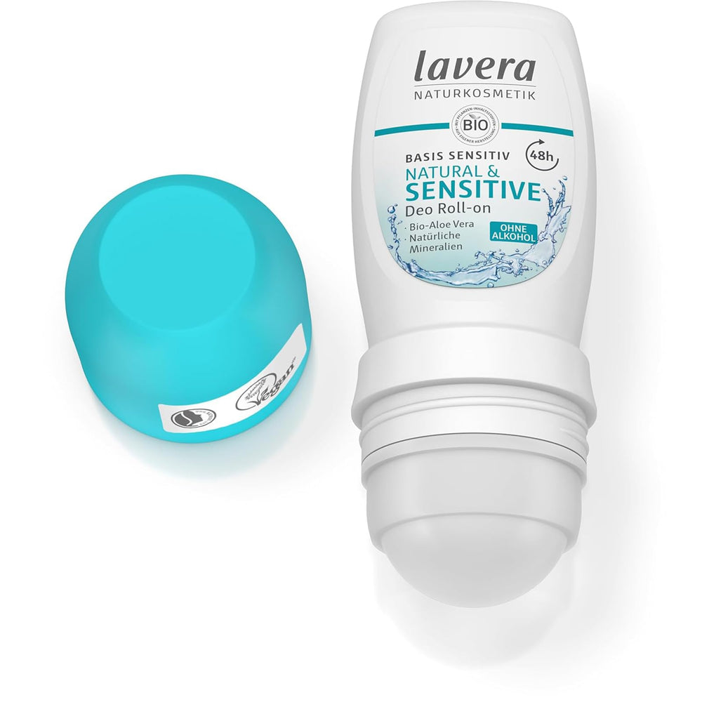 Lavera Deo Roll-On Basis sensitiv cap highlighting aluminum-free protection.