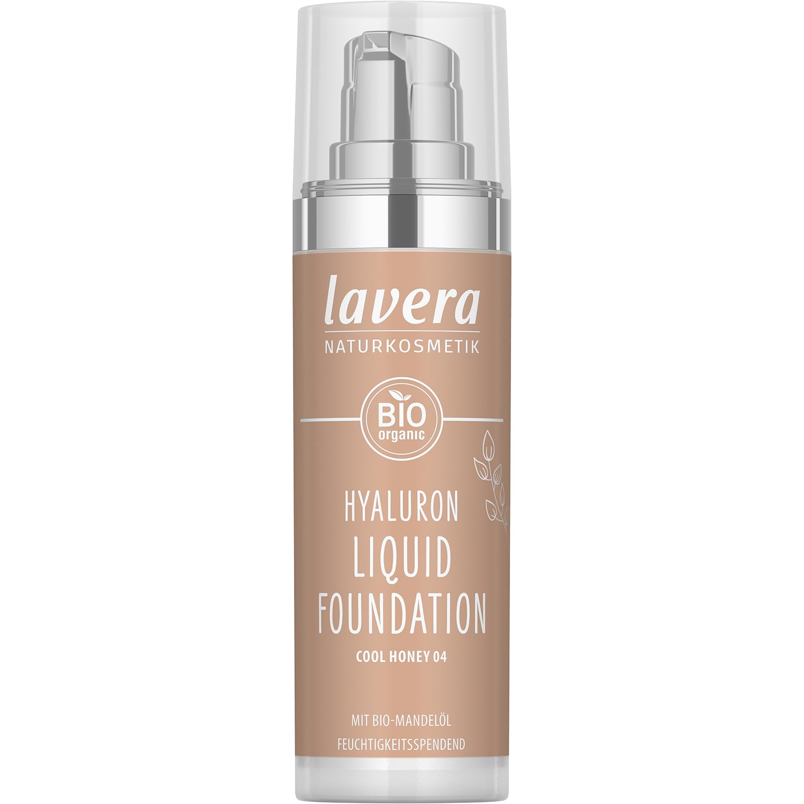 Lavera Hyaluron Liquid Foundation Cool Honey 04 bottle close-up with silky texture for radiant skin