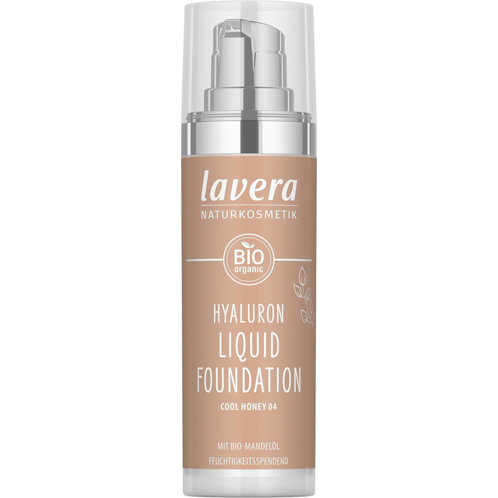 Lavera Hyaluron Liquid Foundation Cool Honey 04 bottle close-up with silky texture for radiant skin