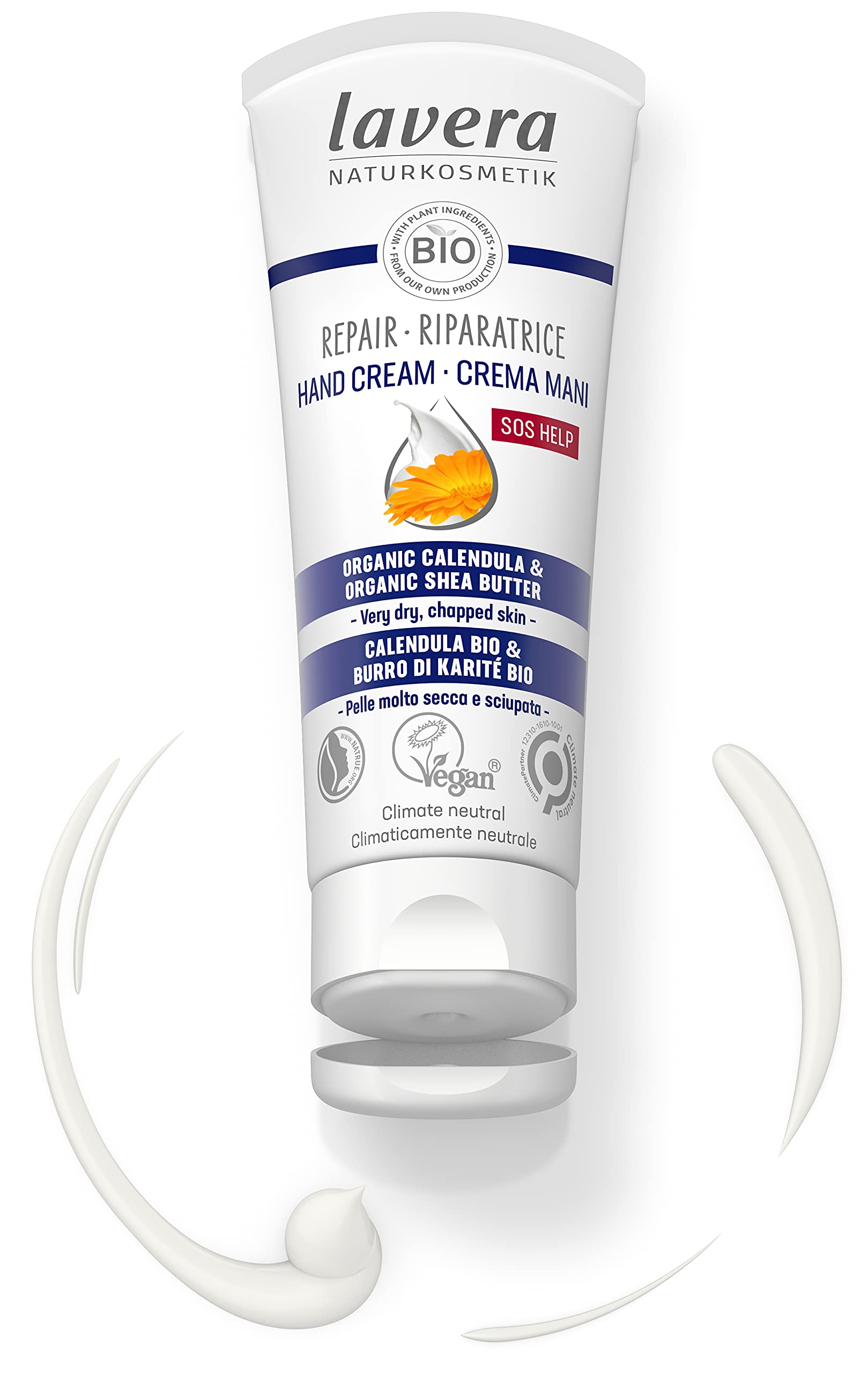 Calendula blossoms emphasize organic calendula in Lavera Repair Hand Cream.