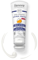 Calendula blossoms emphasize organic calendula in Lavera Repair Hand Cream.