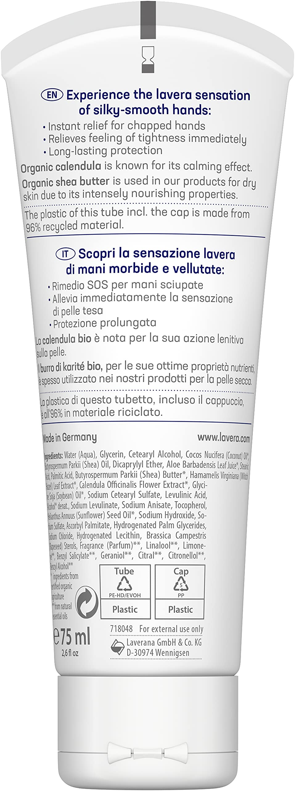 Lavera Repair Hand Cream texture close-up showing light, quick-absorbing feel.