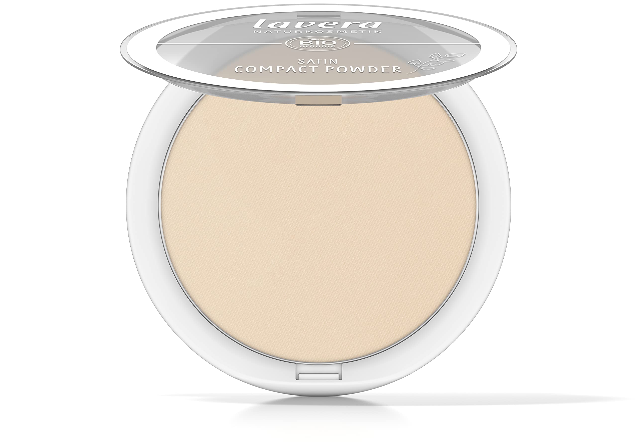Lavera Satin Compact Powder Nude 02 applied with brush for quick oil control touch-ups.