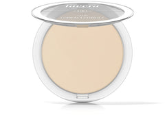 Lavera Satin Compact Powder Nude 02 applied with brush for quick oil control touch-ups.