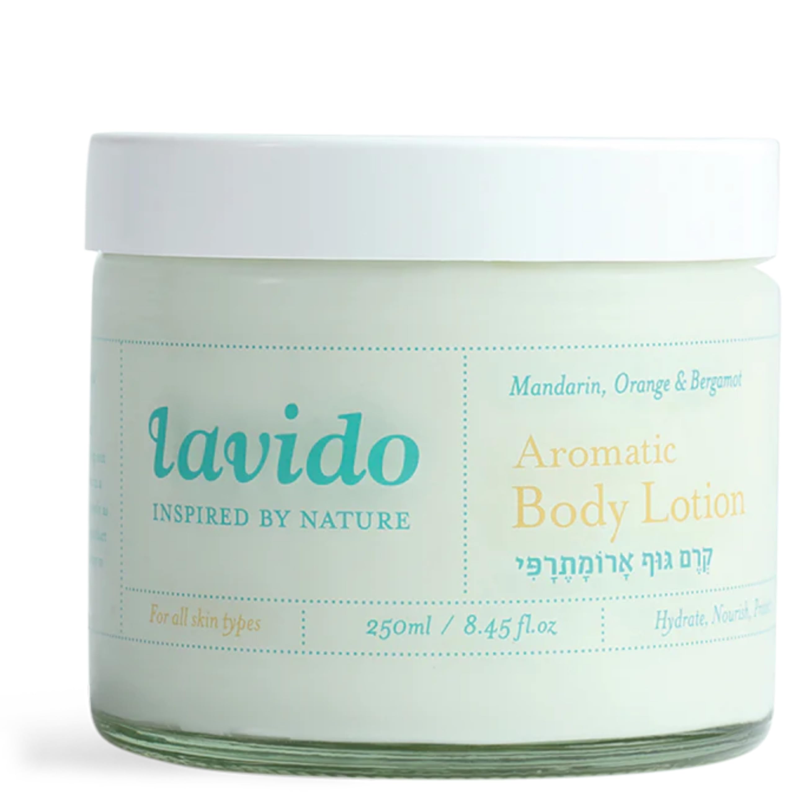Lavido mandarin-orange-bergamot body lotion bottle ready for application, nourishing skin.