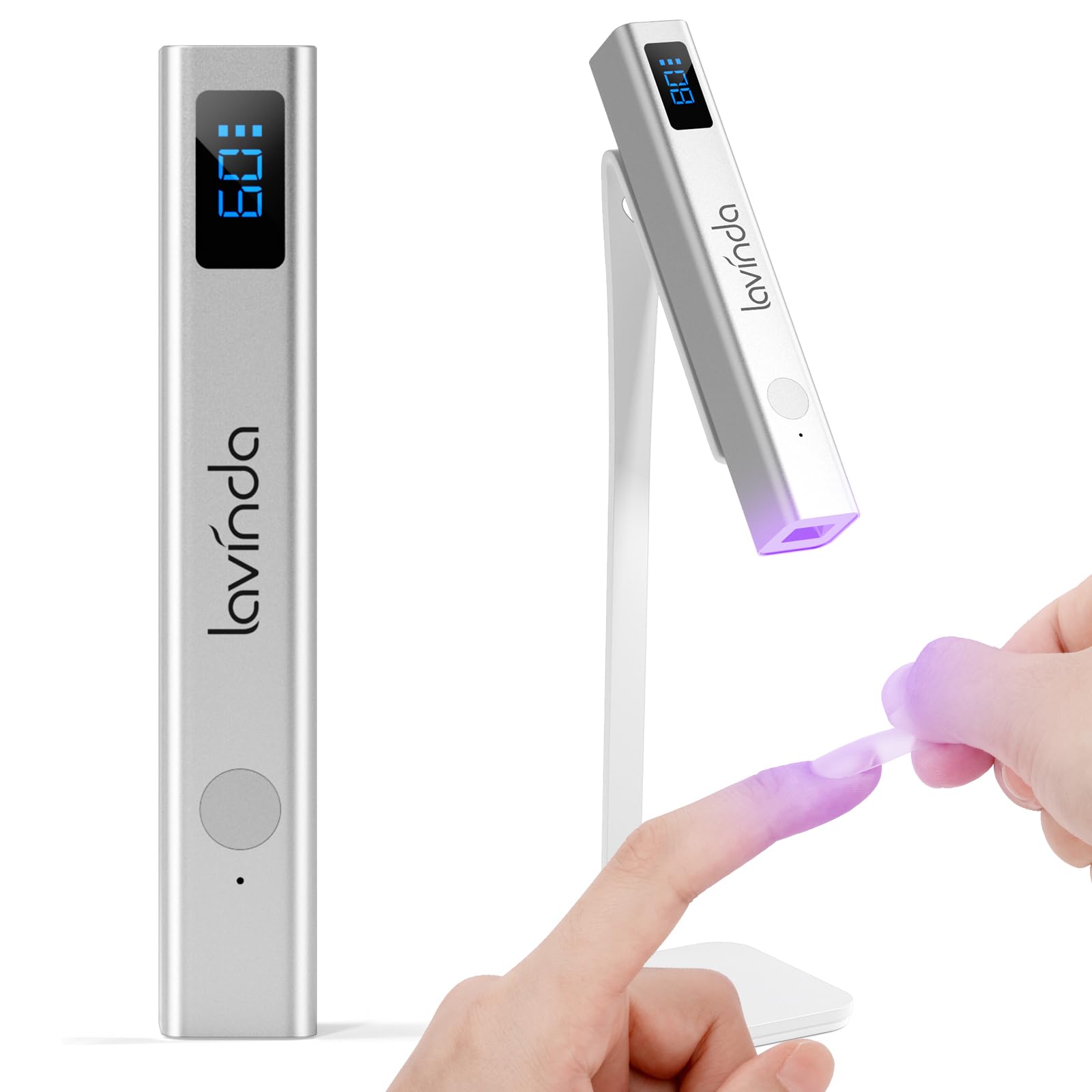 Lavinda handheld UV light with stand for precise single-nail curing at home.