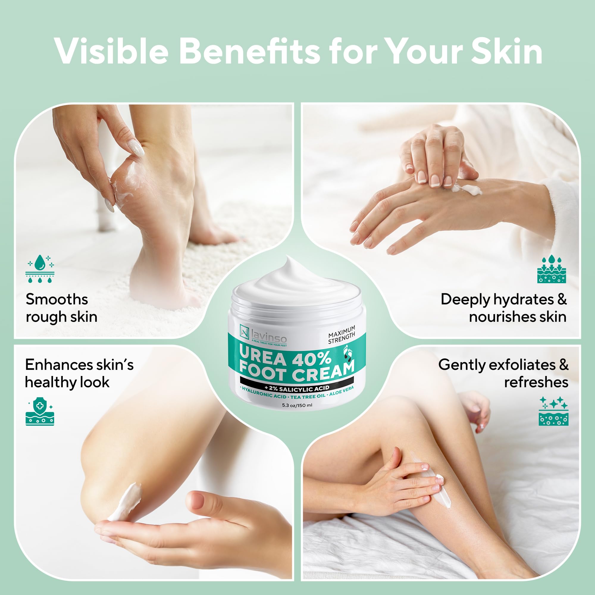 Lavinso Urea Cream bottle highlights soothing botanicals and ingredients.