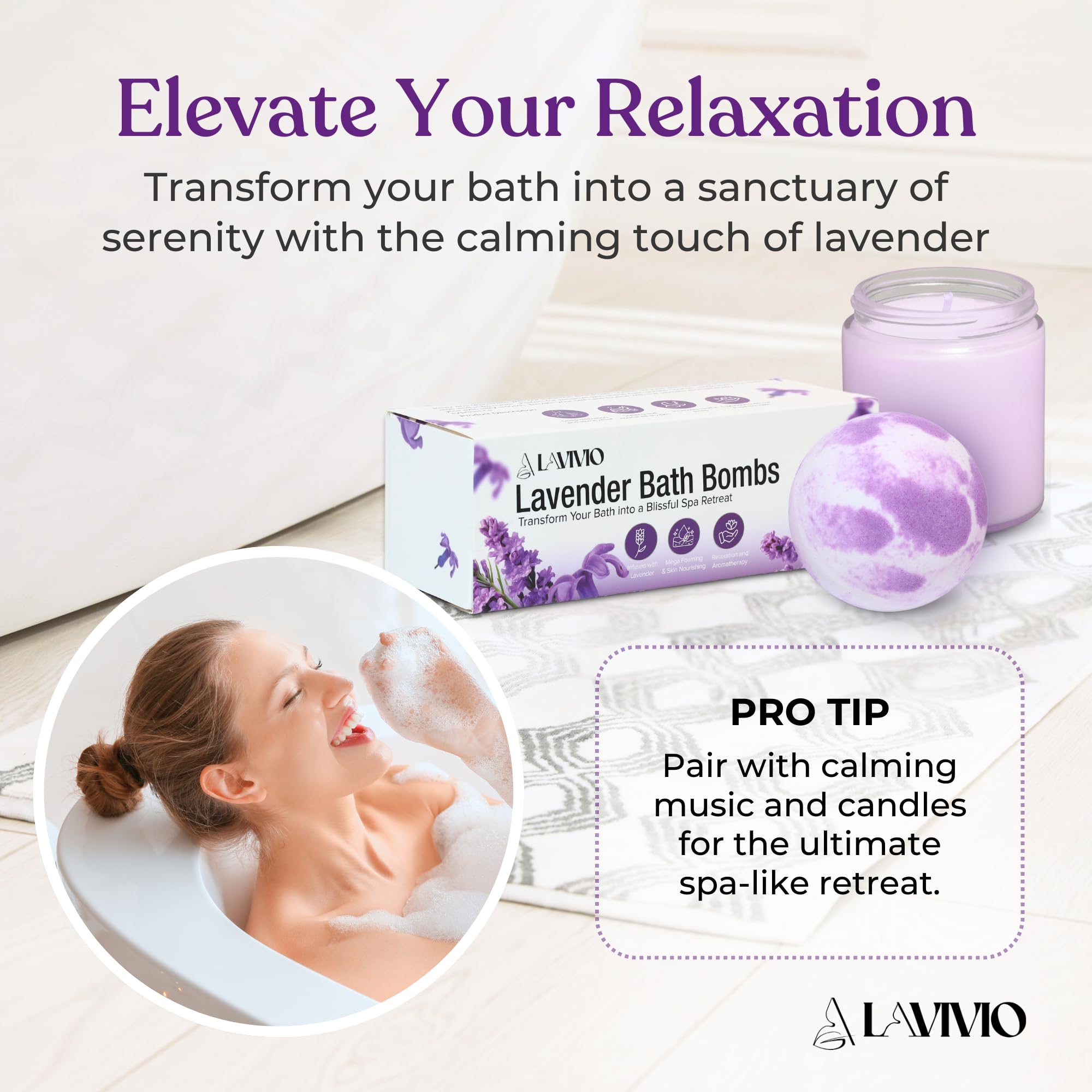 Lavivio bergamot and lavender aroma highlights calming scent for a soak.