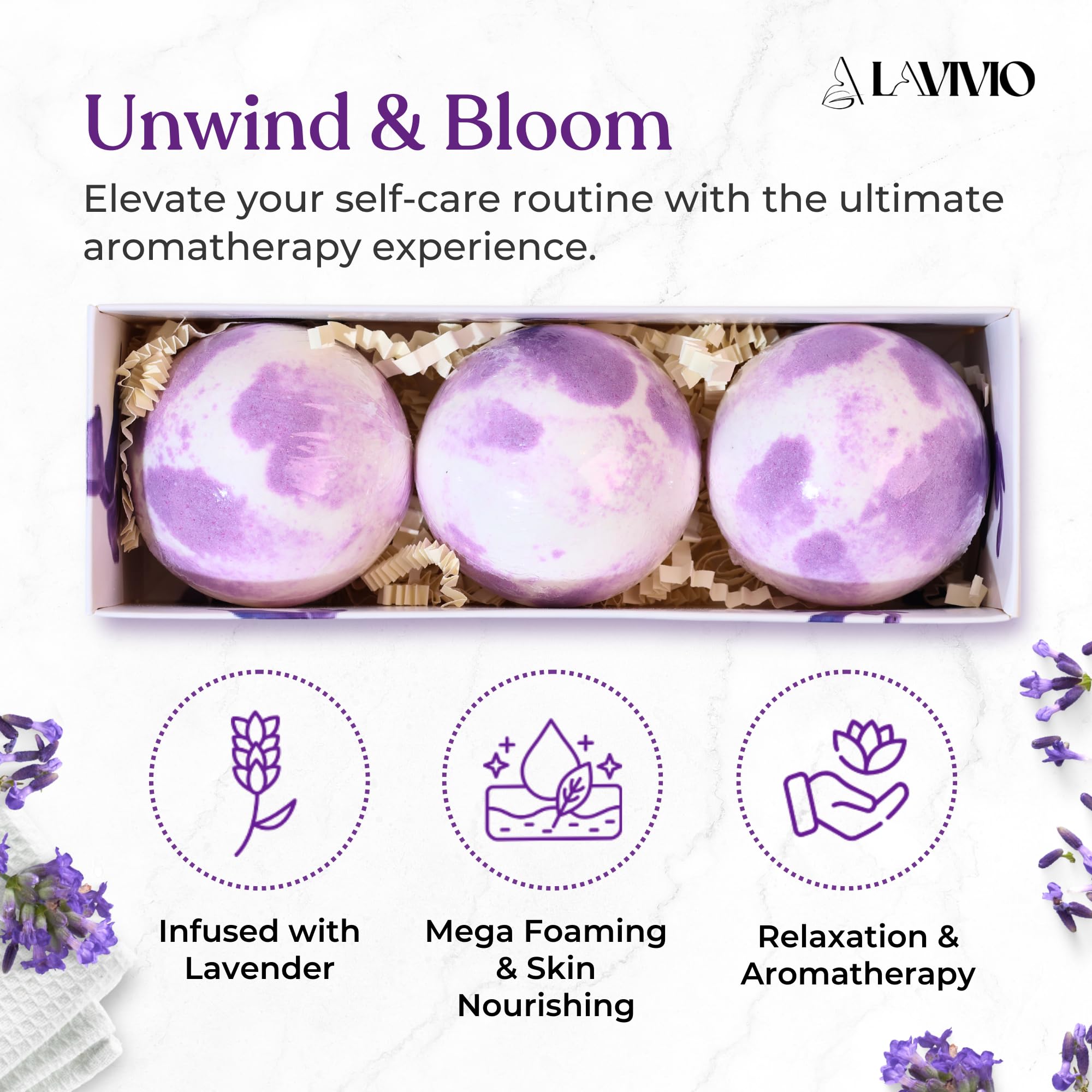 Lavivio lavender bath bomb close-up highlighting soothing aroma and creamy foam.