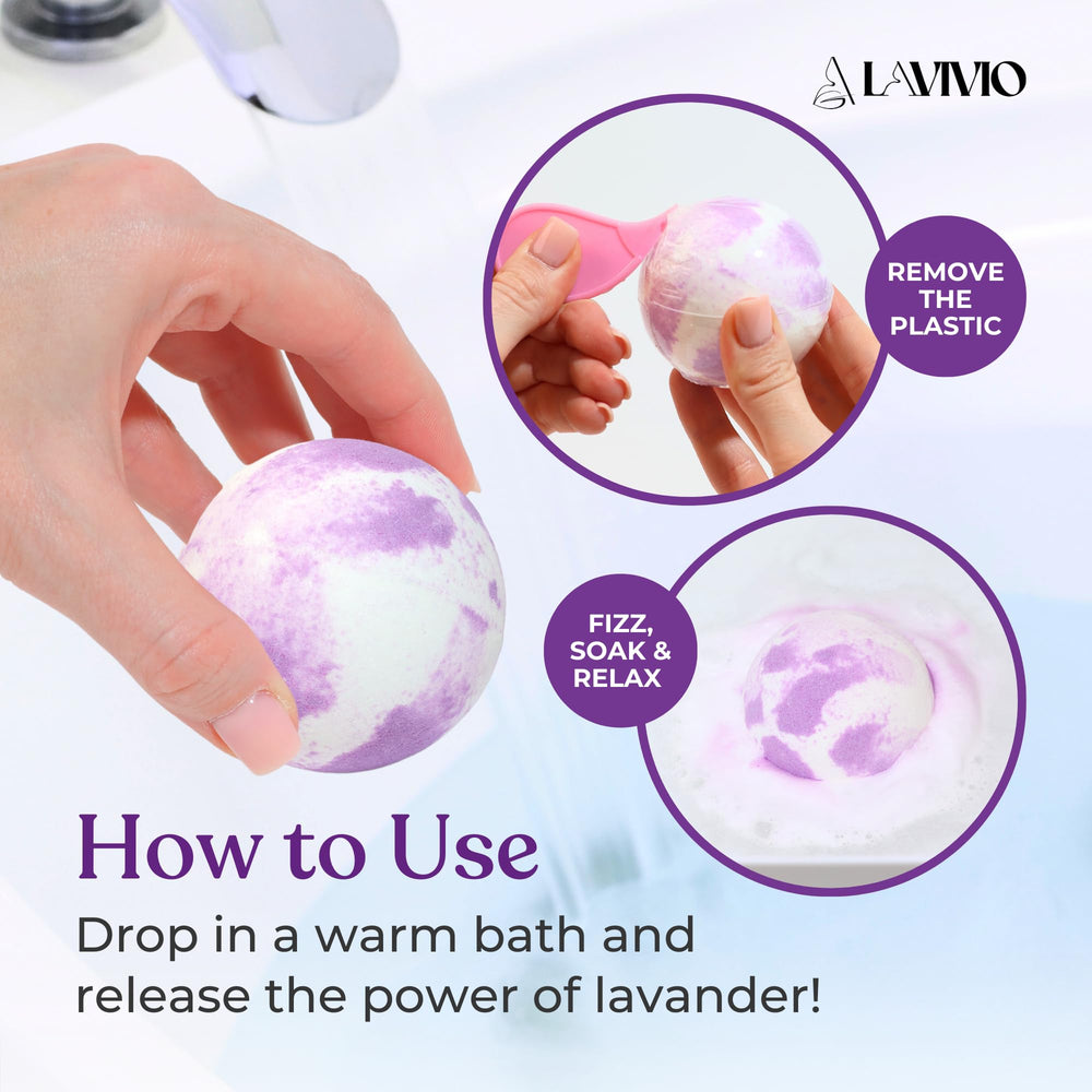 Lavivio lavender bath bombs with shea butter ingredients signaling deep moisturization.