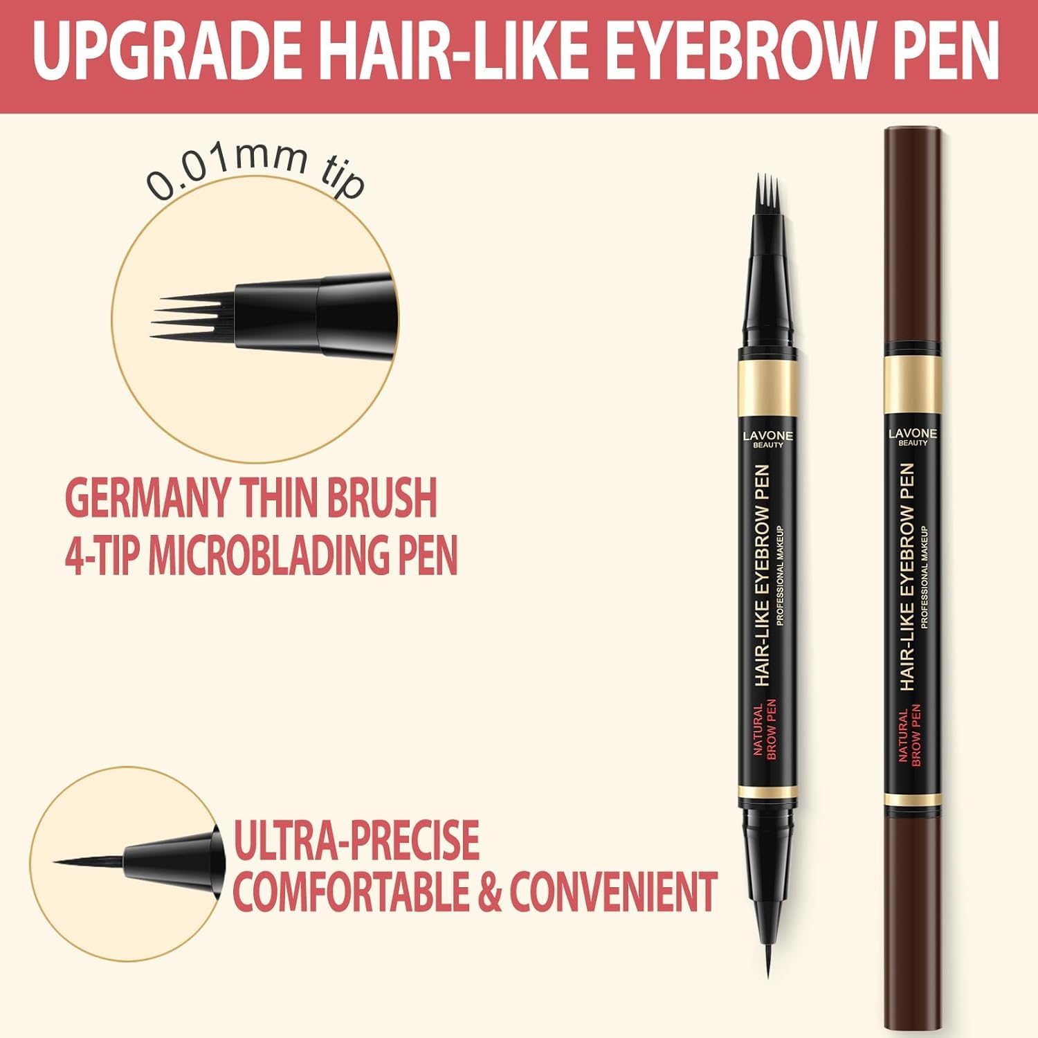 LAVONE 4D brow pen creating hairlike strokes for defined brows