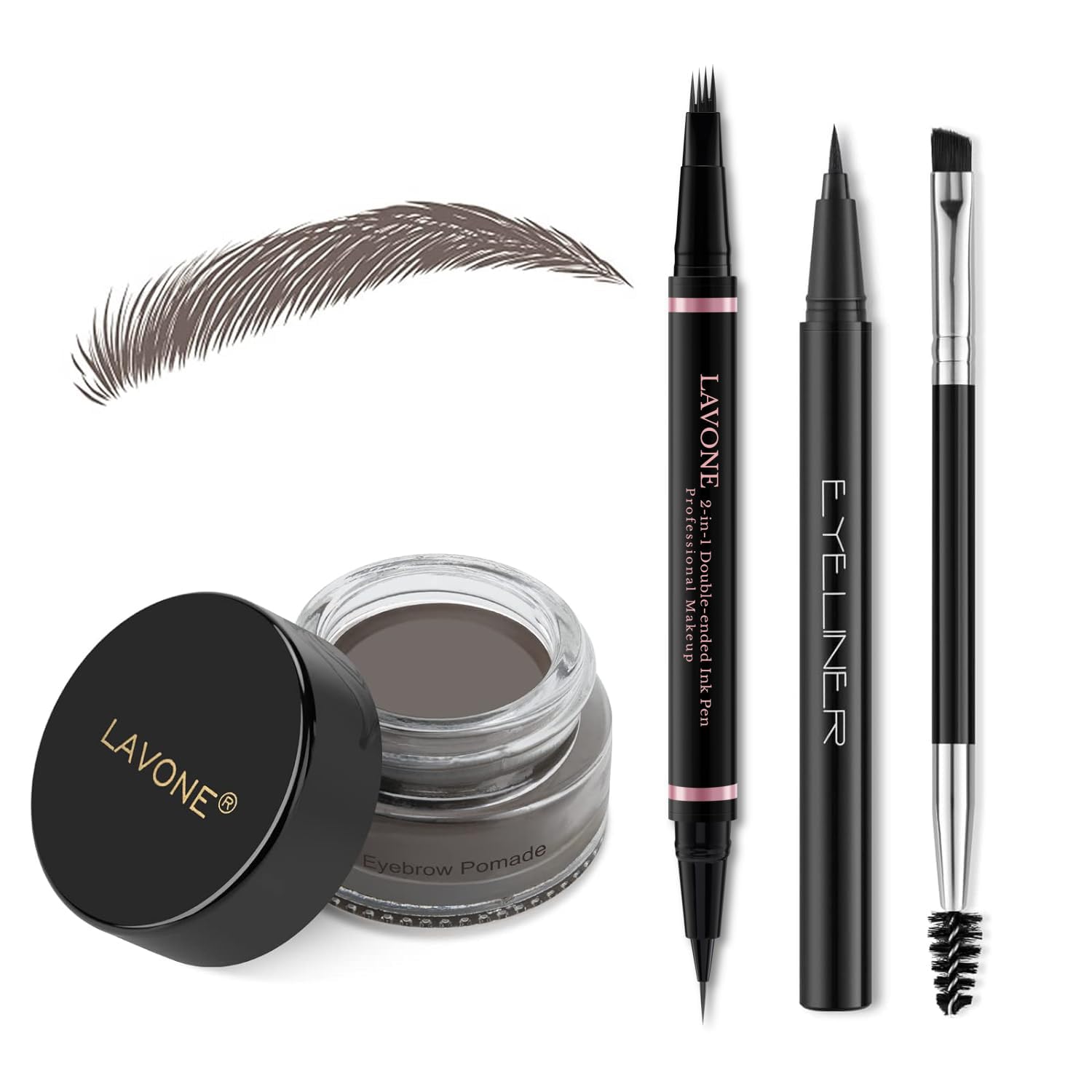 LAVONE eyebrow kit ebony pen close-up showing precise microblade strokes