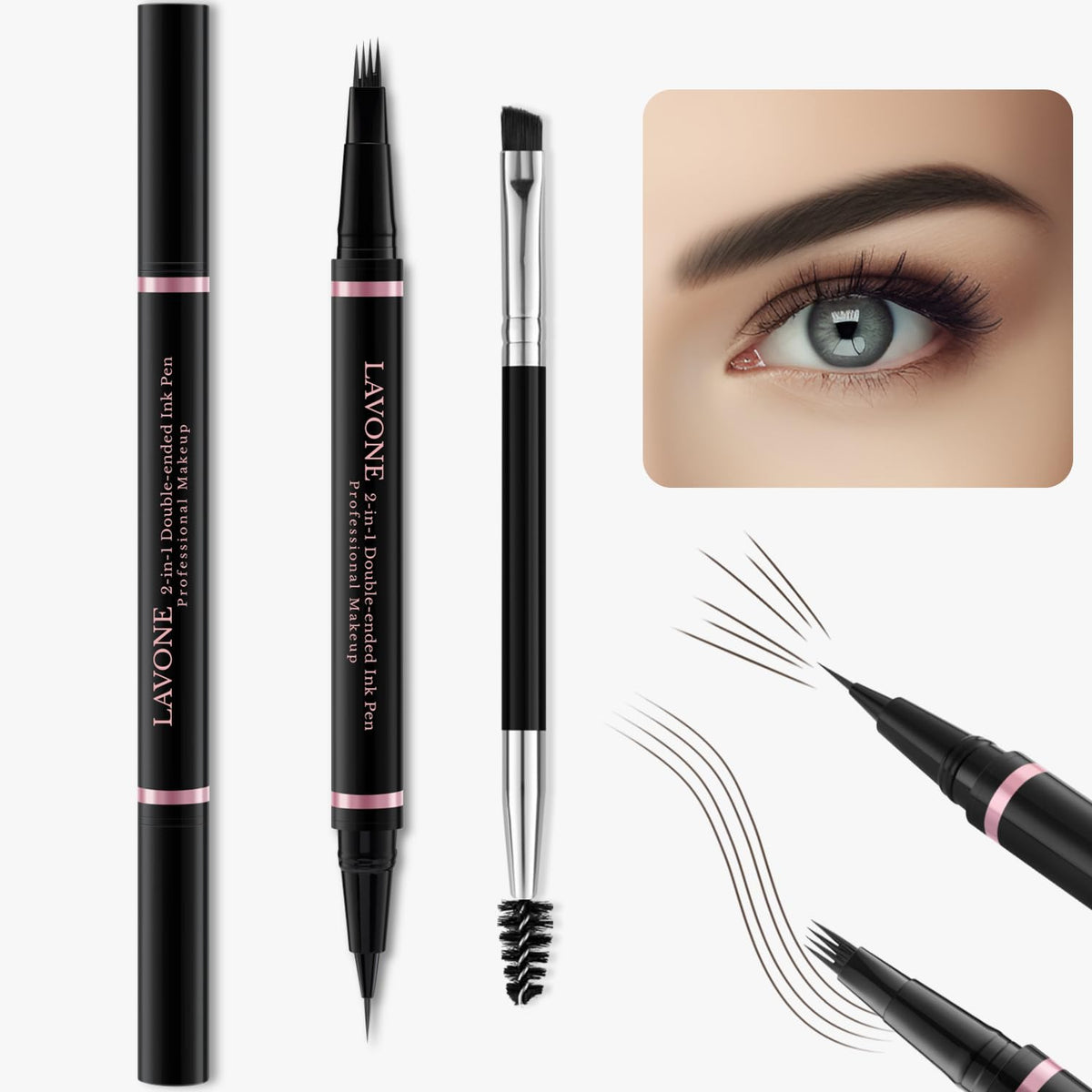 LAVONE eyebrow pen 4-tip microblading close-up for natural hair-like strokes and precision.