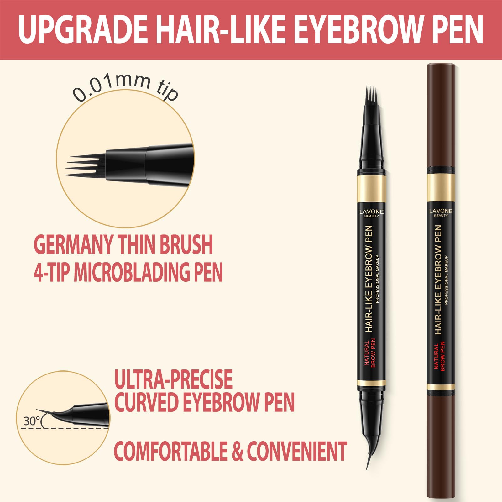 LAVONE Eyebrow Pen curved-tip provides precise brow shaping and definition.