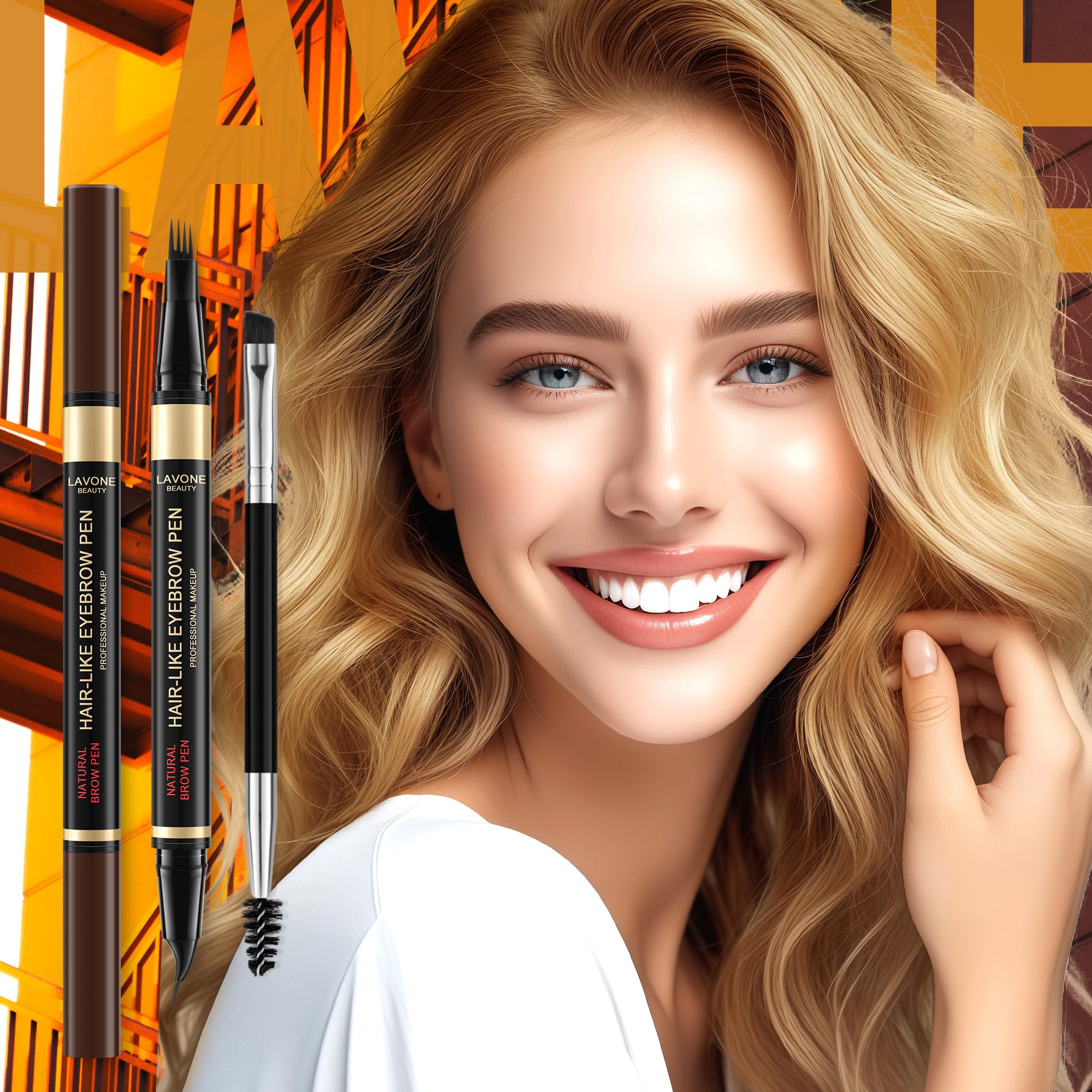 LAVONE Eyebrow Pen dual-ended brush blends for natural finish.