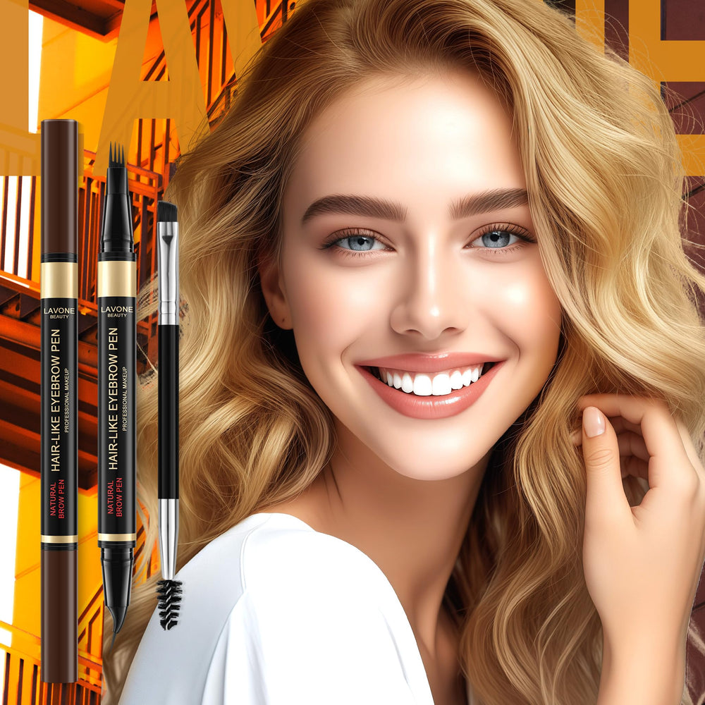 LAVONE Eyebrow Pen dual-ended brush blends for natural finish.