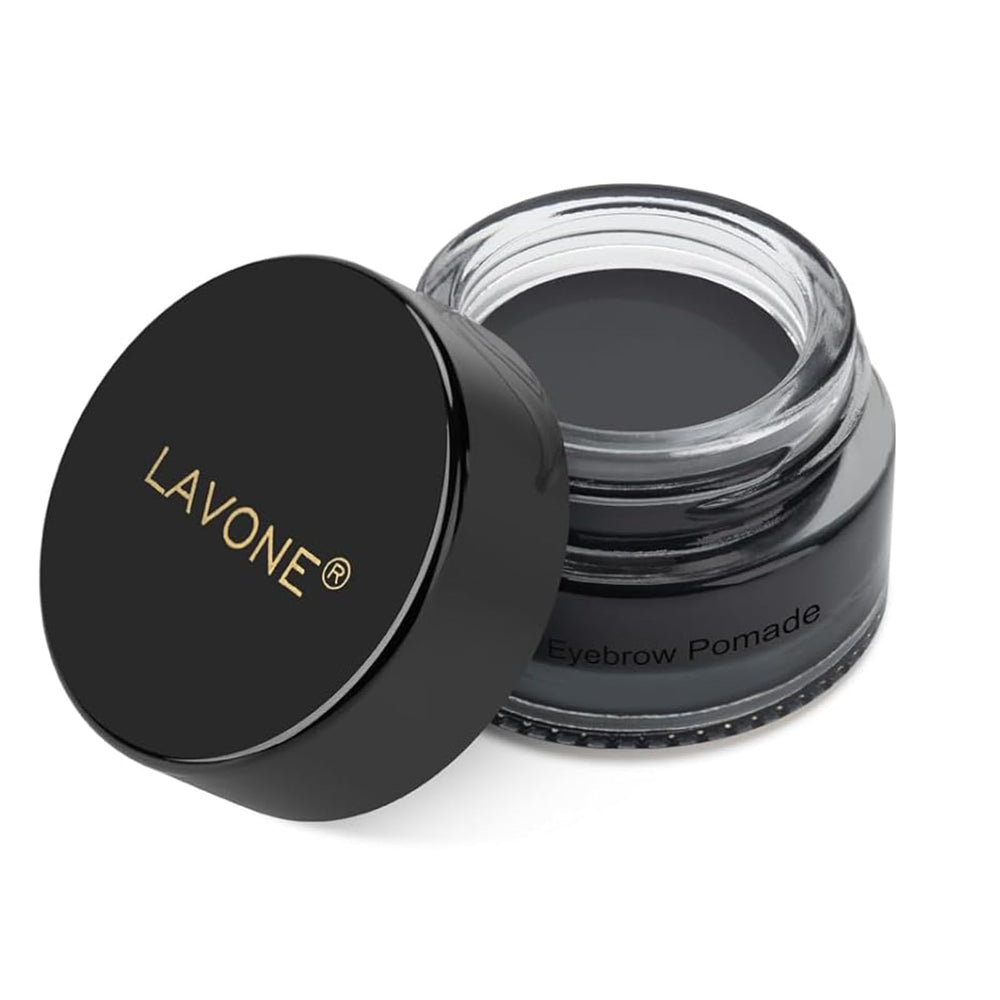 LAVONE Eyebrow Pomade jar close-up showing rich color and smooth texture for natural definition.