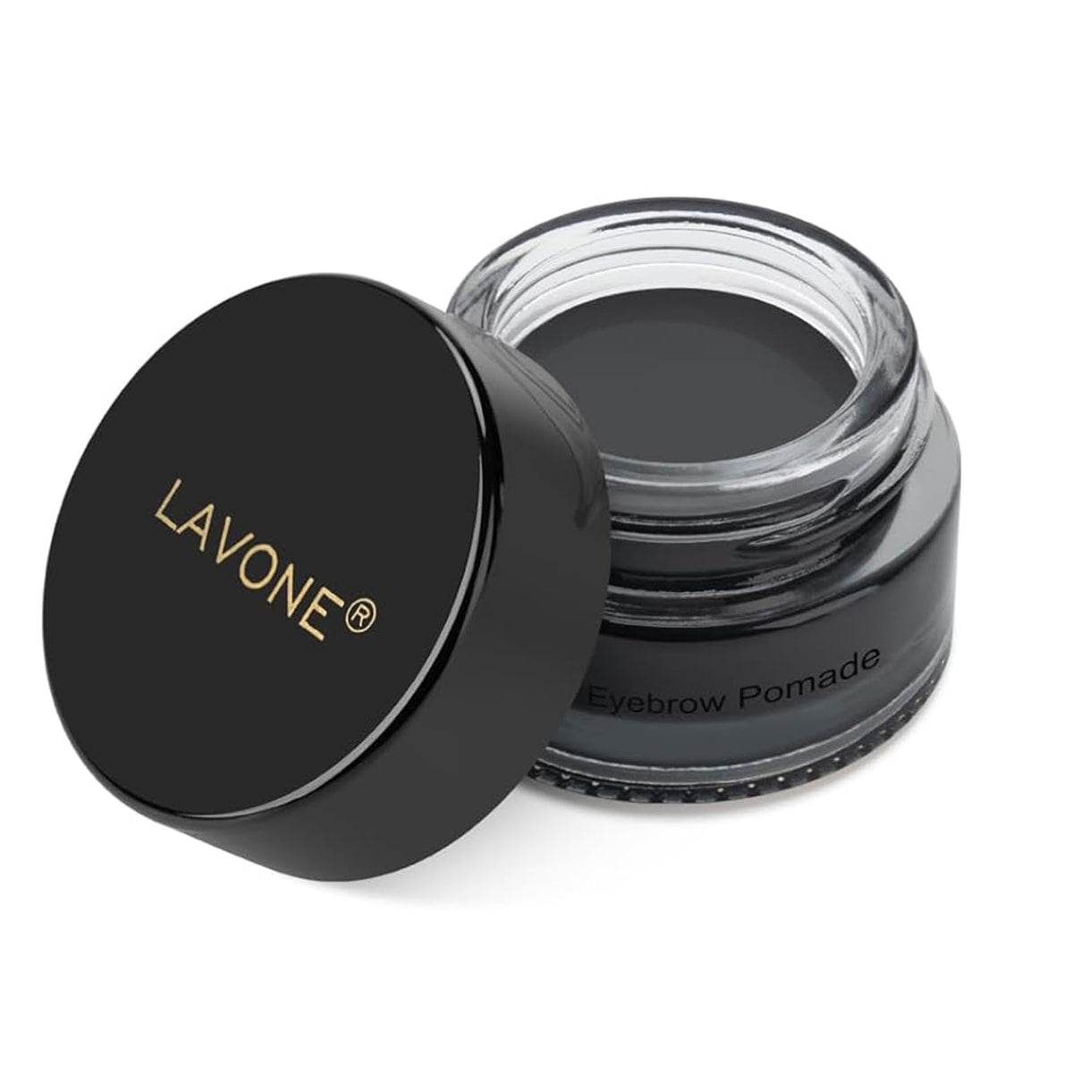 LAVONE Eyebrow Pomade jar close-up showing rich color and smooth texture for natural definition.