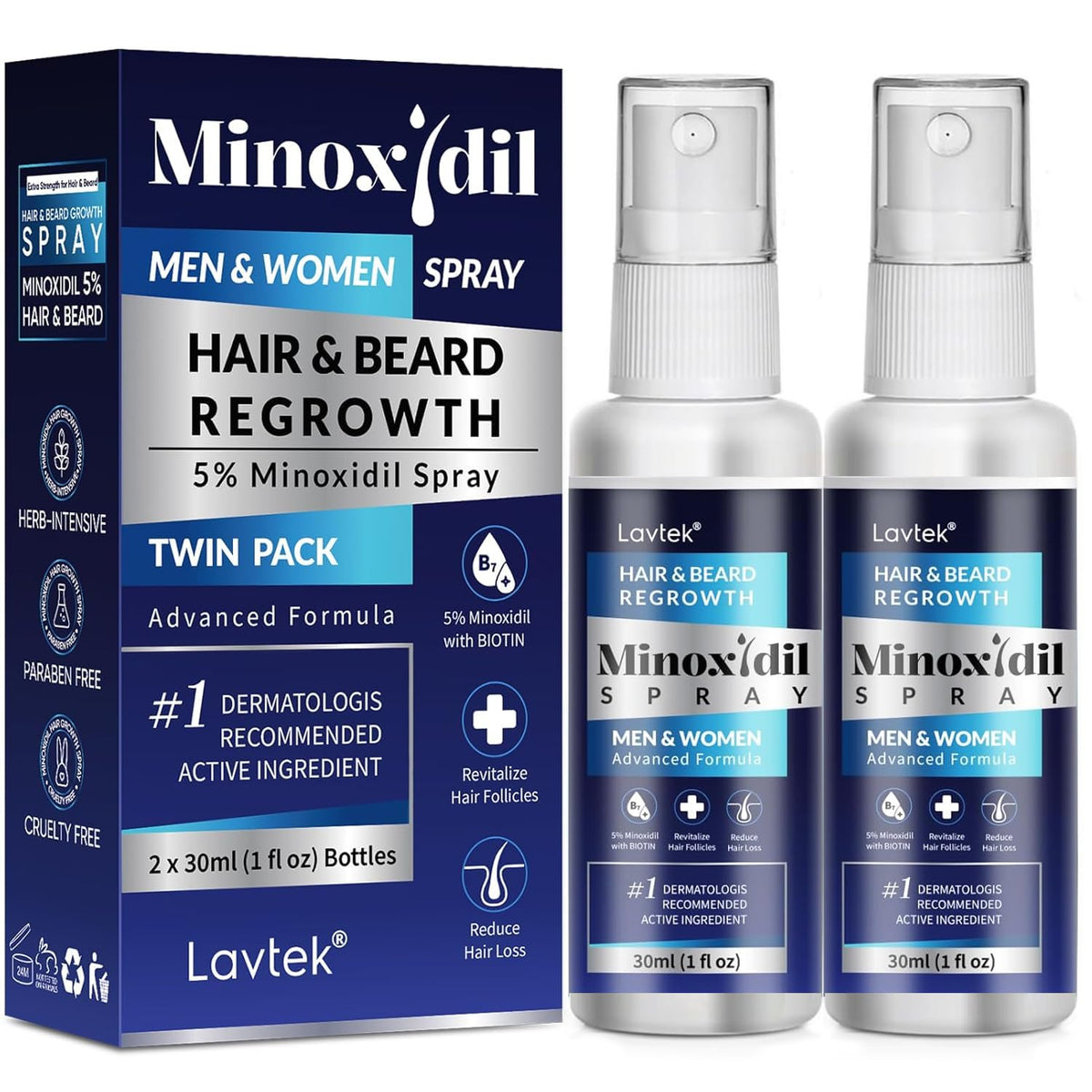 Lavtek 5% Minoxidil spray bottle for hair growth support.