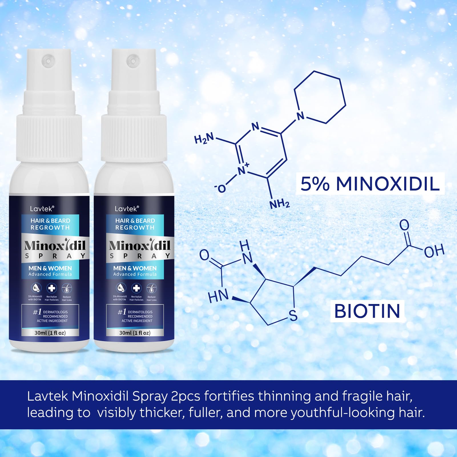 Lavtek Minoxidil 5% label close-up with active ingredients.