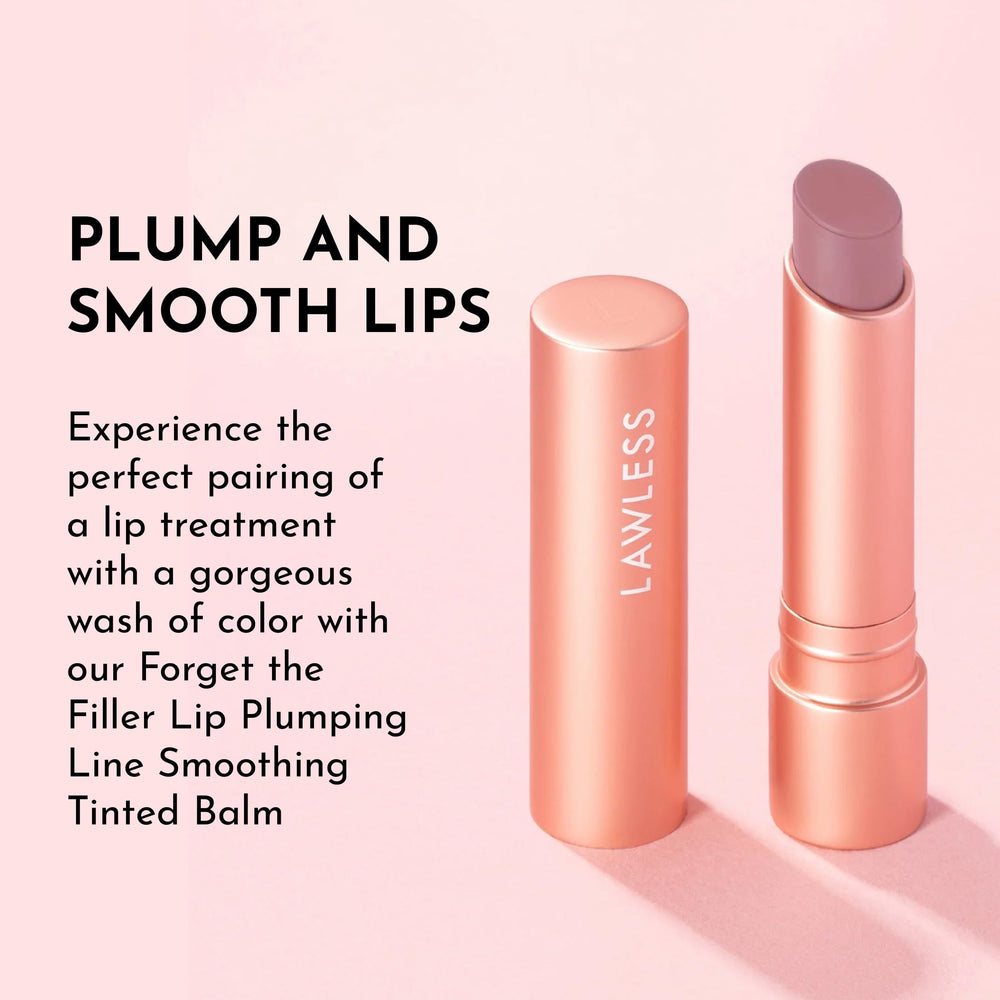 Lawless Forget the Filler balm melts softly on lips for smoothing, non-sticky wear.