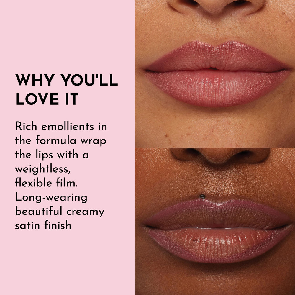 All-day wear demonstrated with a weightless film for comfortable lip definition.