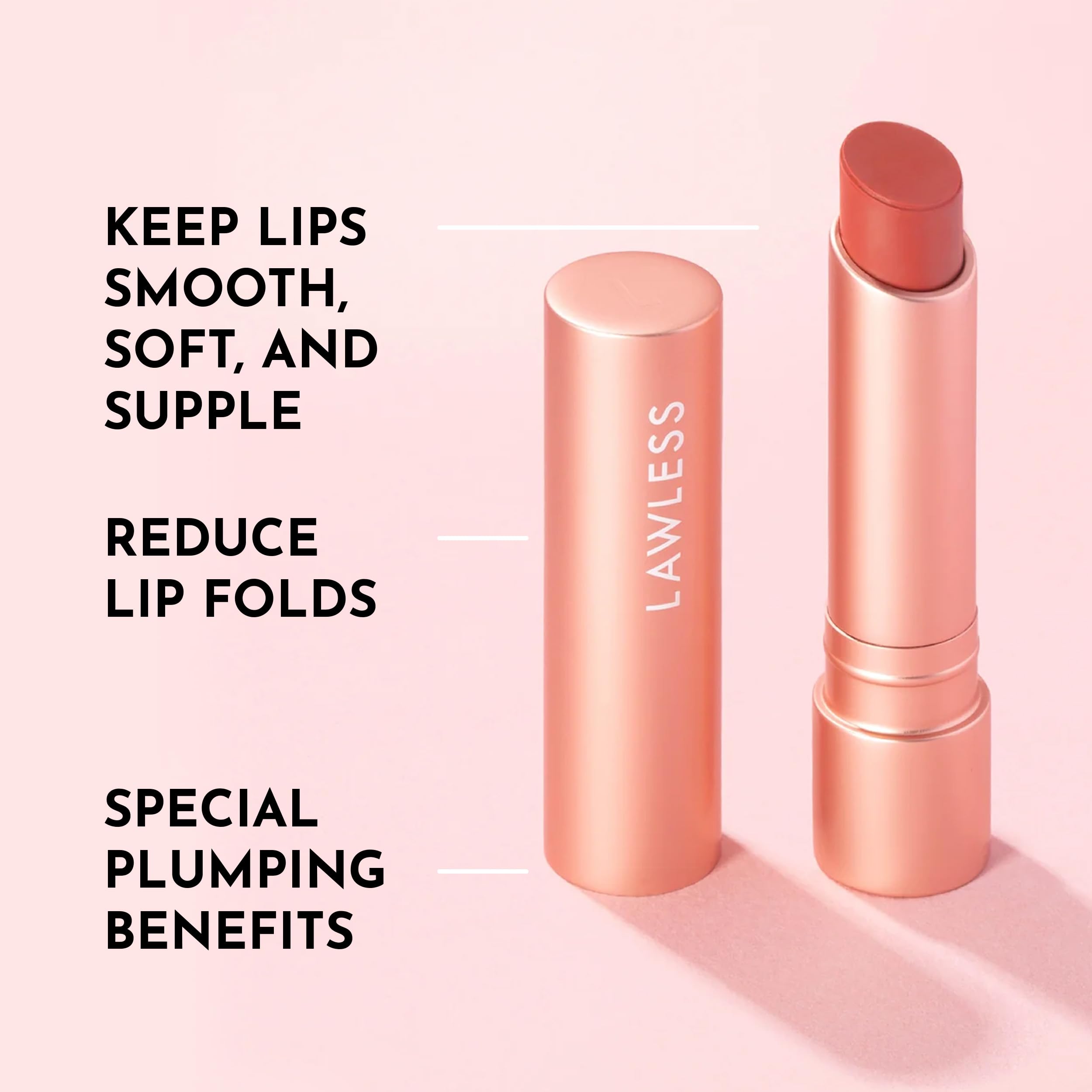 LAWLESS Georgie tinted balm swatch on lips shows rosy tint and cushiony feel.
