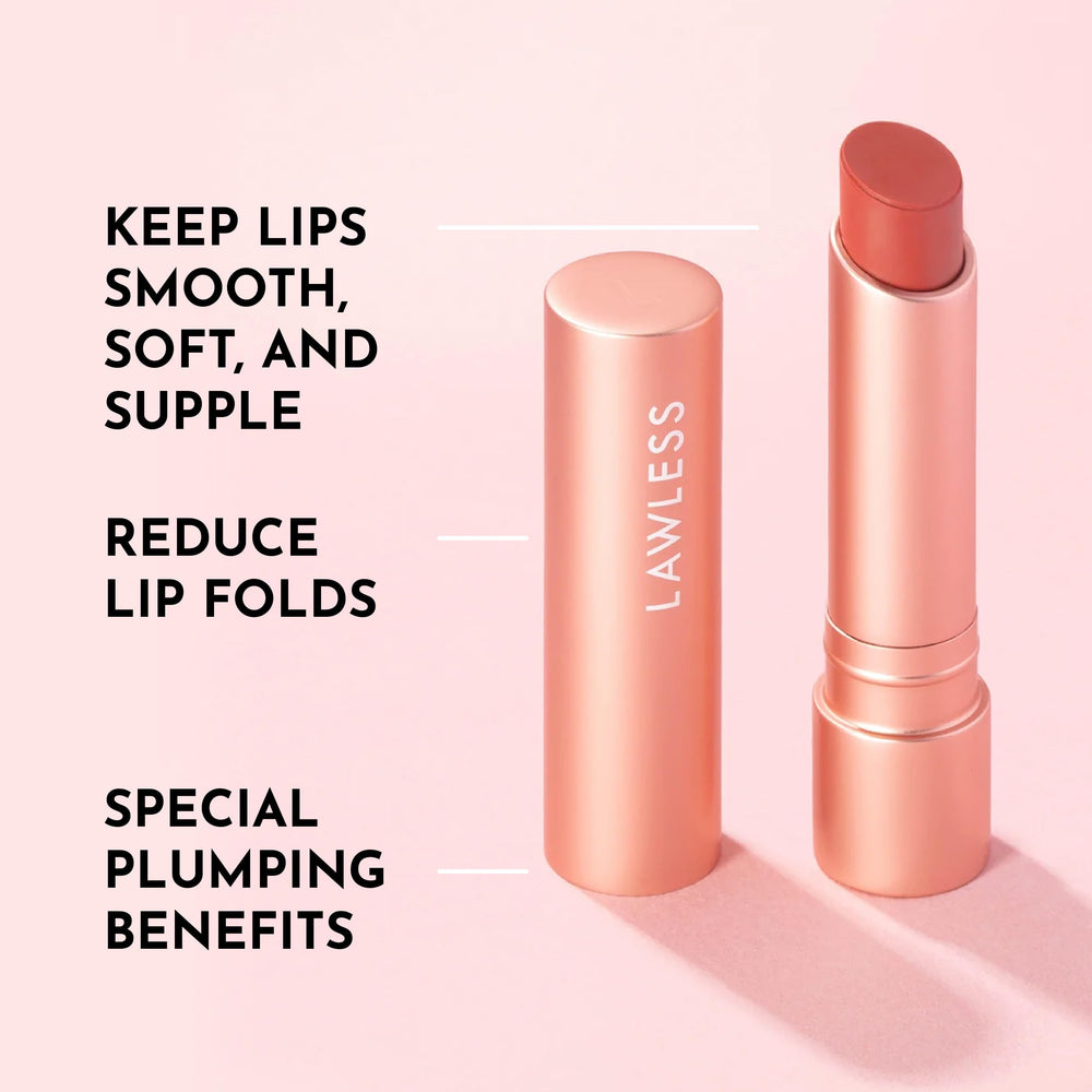 LAWLESS Georgie tinted balm swatch on lips shows rosy tint and cushiony feel.