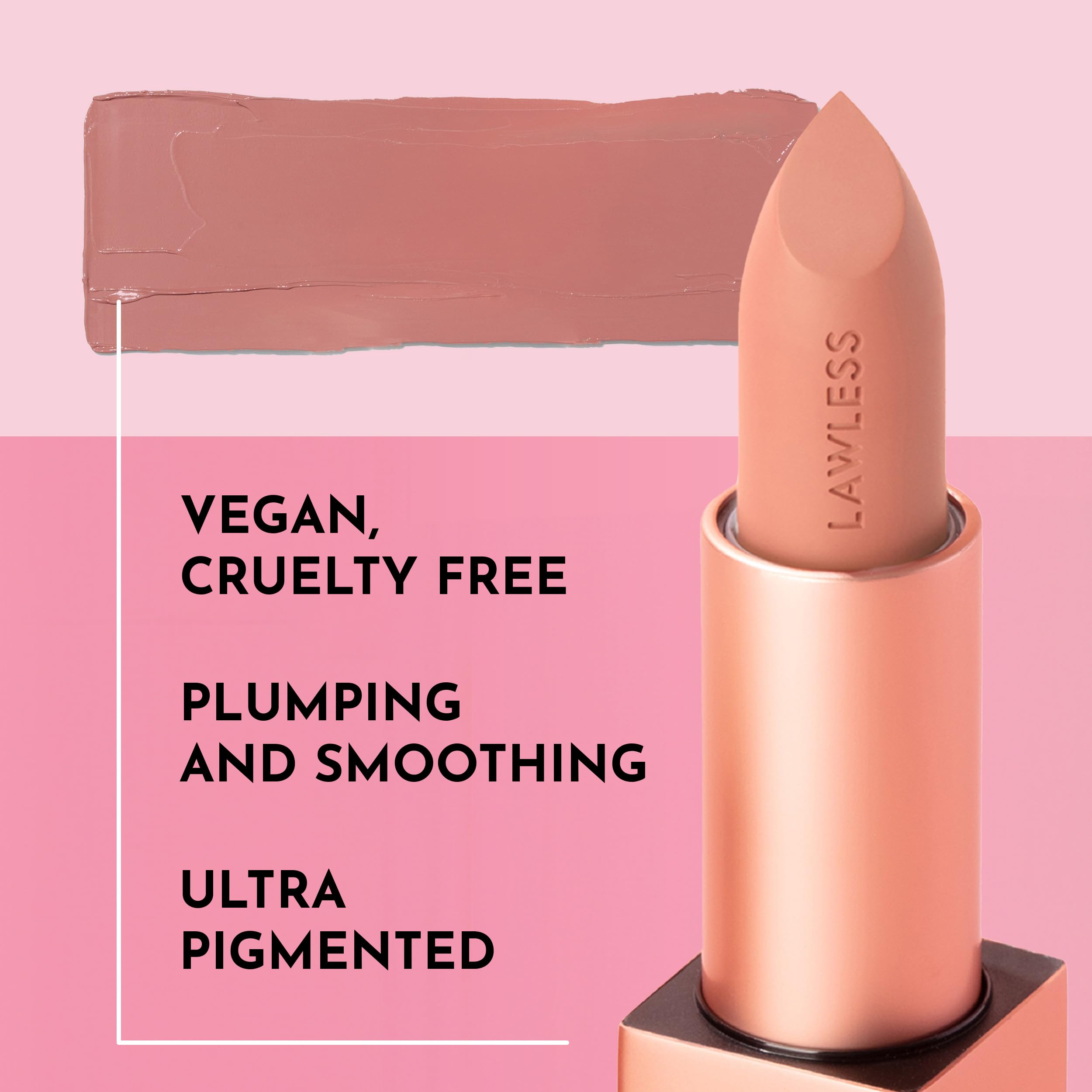 Close-up of Lawless Lipstick Fawn texture showcases creamy, hydrating formula