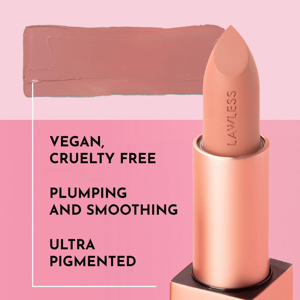 Close-up of Lawless Lipstick Fawn texture showcases creamy, hydrating formula