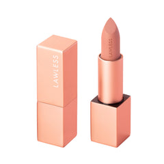 Lawless Forget the Filler Soft Truffle lipstick close-up shows satin finish and rich color.