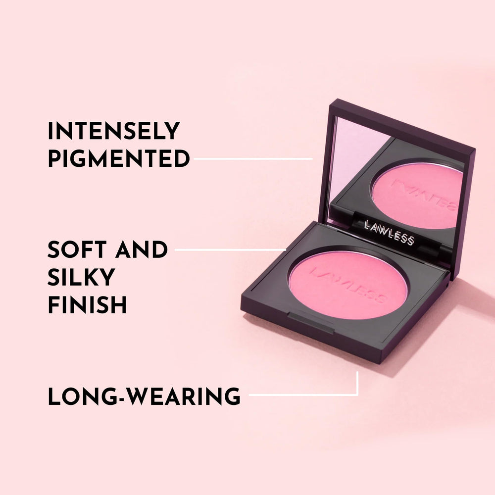 LAWLESS Make Me Blush swatch on cheek showing rich pigment and natural glow