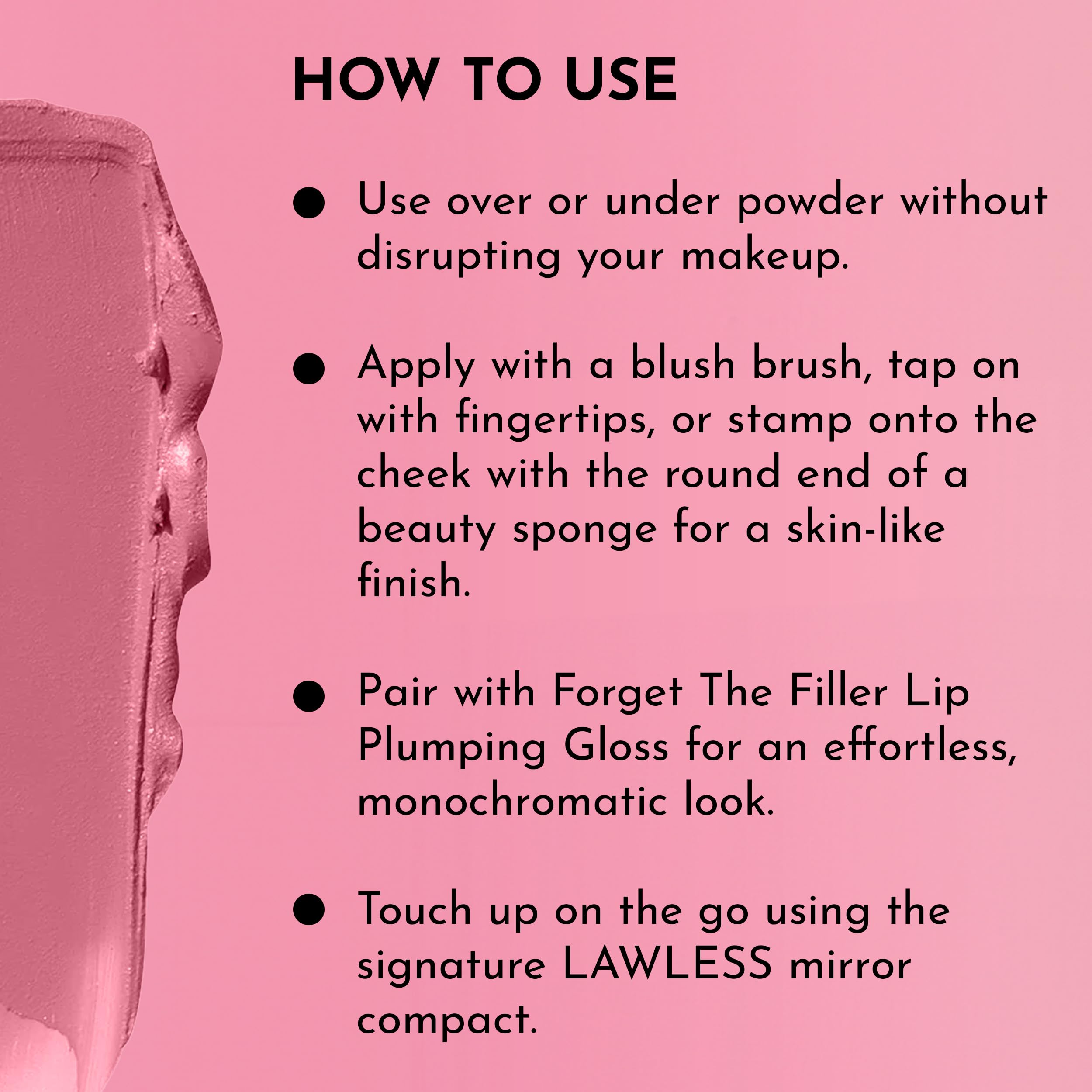 Lawless Duchess cream blush with green tea extract for refreshed-looking skin.