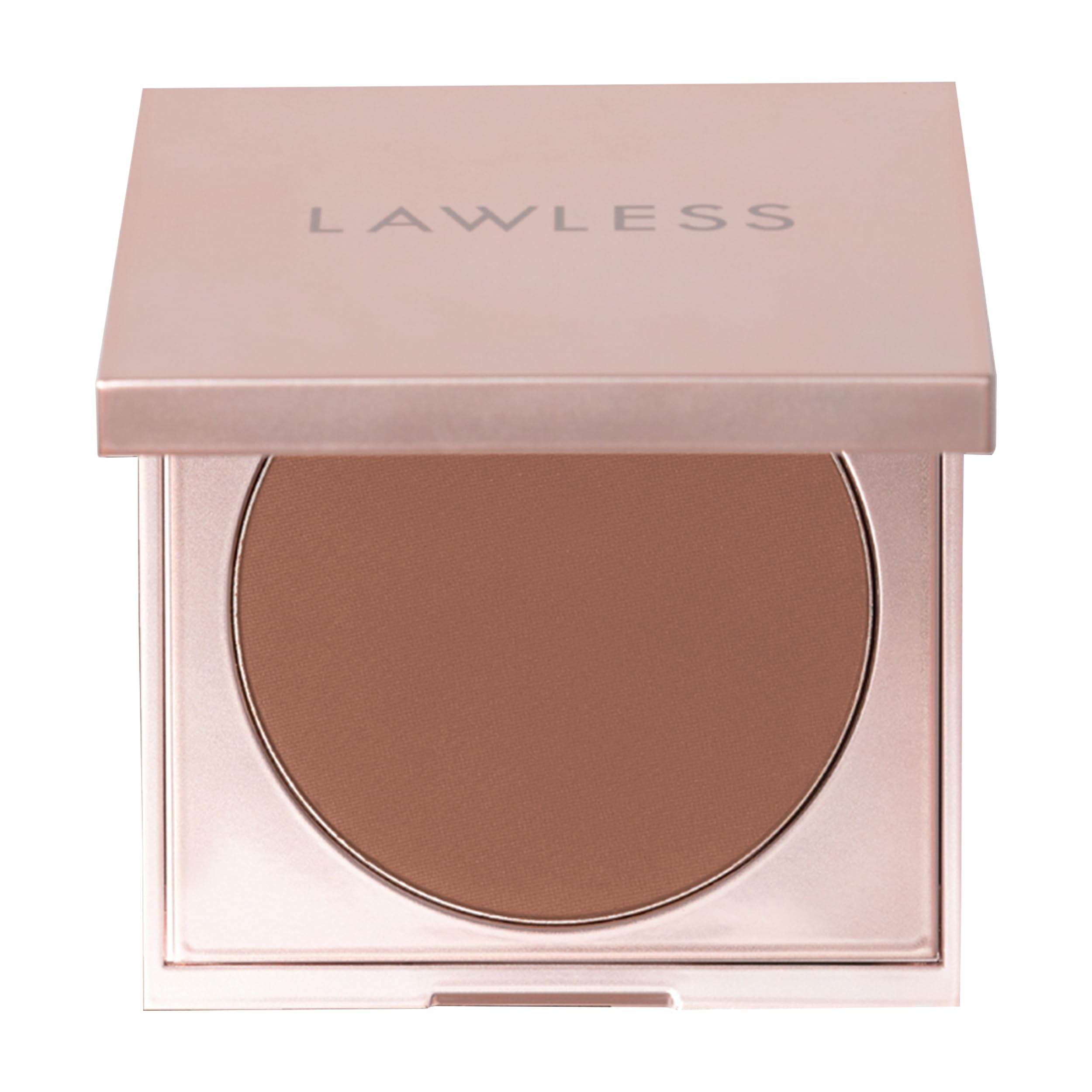Lawless talc-free powder in deep shade; close-up shows silky, natural finish.