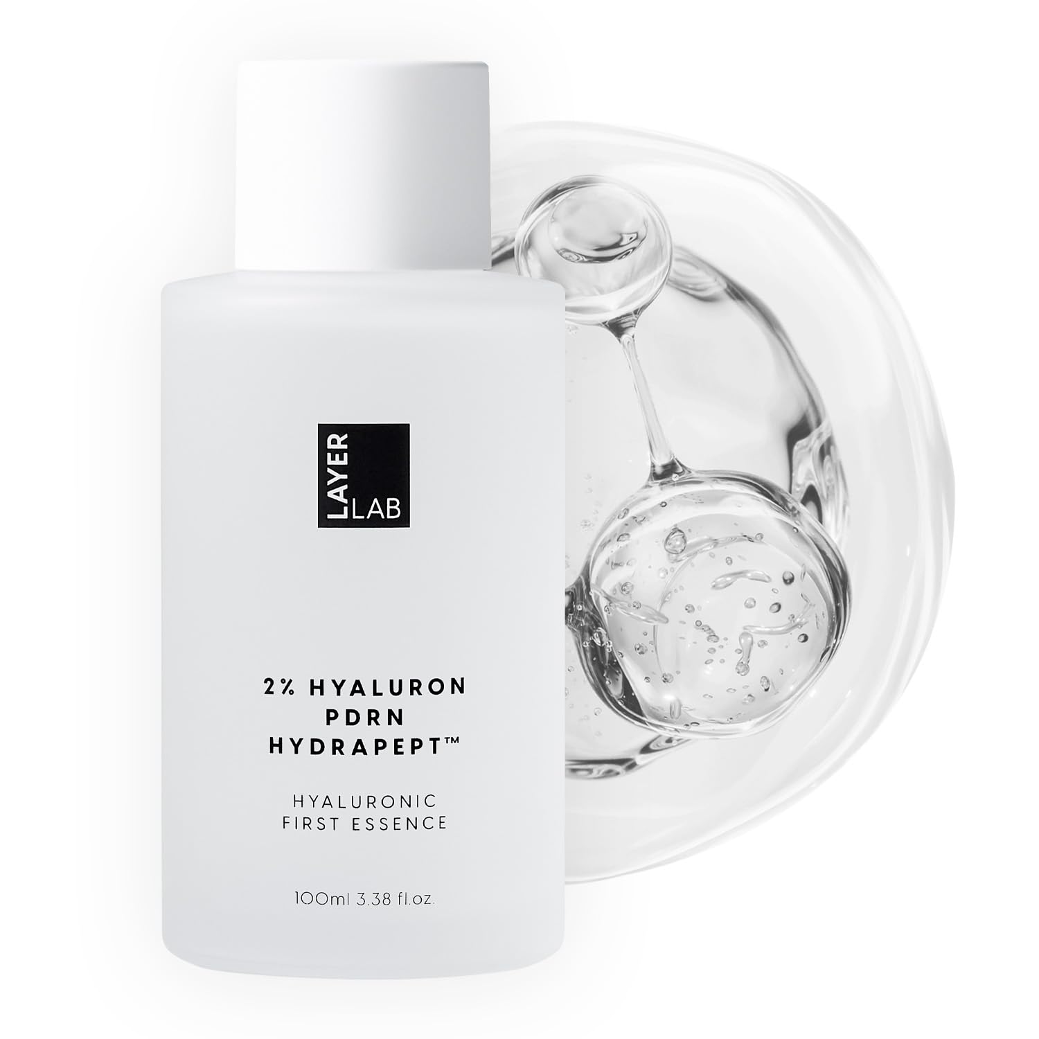 LAYERLAB Hyaluronic First Essence bottle highlights premium packaging for simple skin prep.