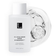 LAYERLAB Hyaluronic First Essence bottle highlights premium packaging for simple skin prep.
